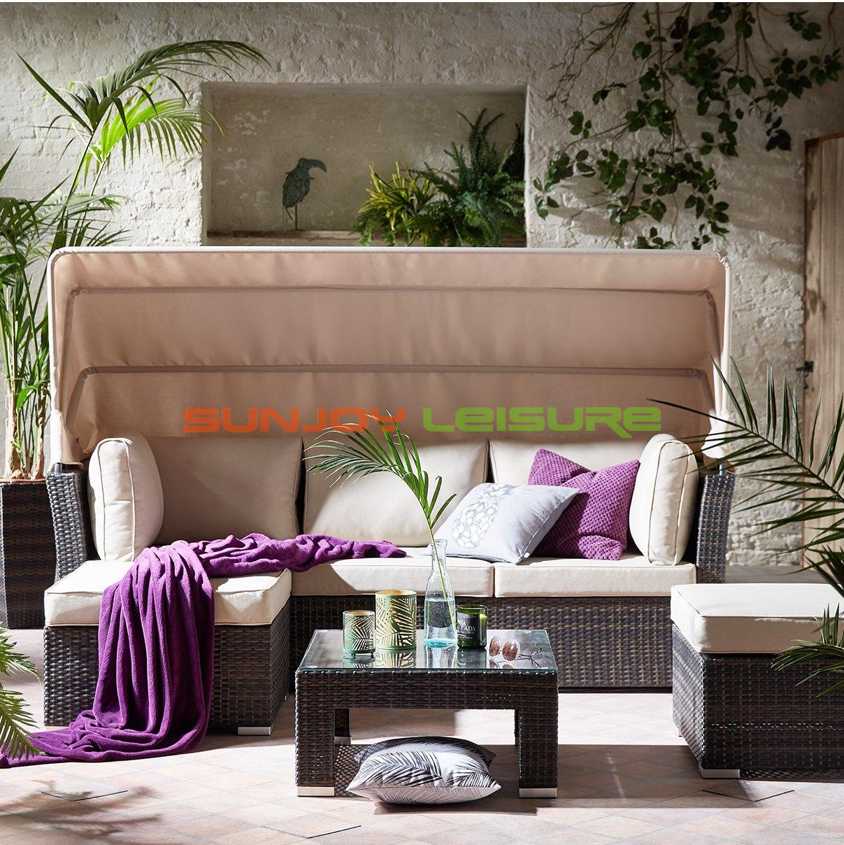 Rattan Sunbed Set with Canopy
