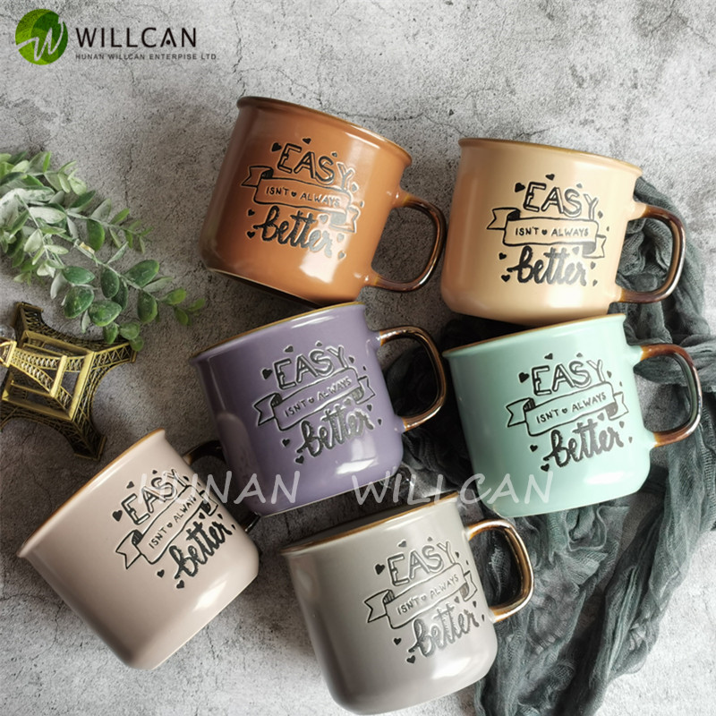 410ml vintage Morandi color tea/coffee/ milk / hot drink mug with hand painted embossed design metal glaze 2021 latest items fashion ceramics