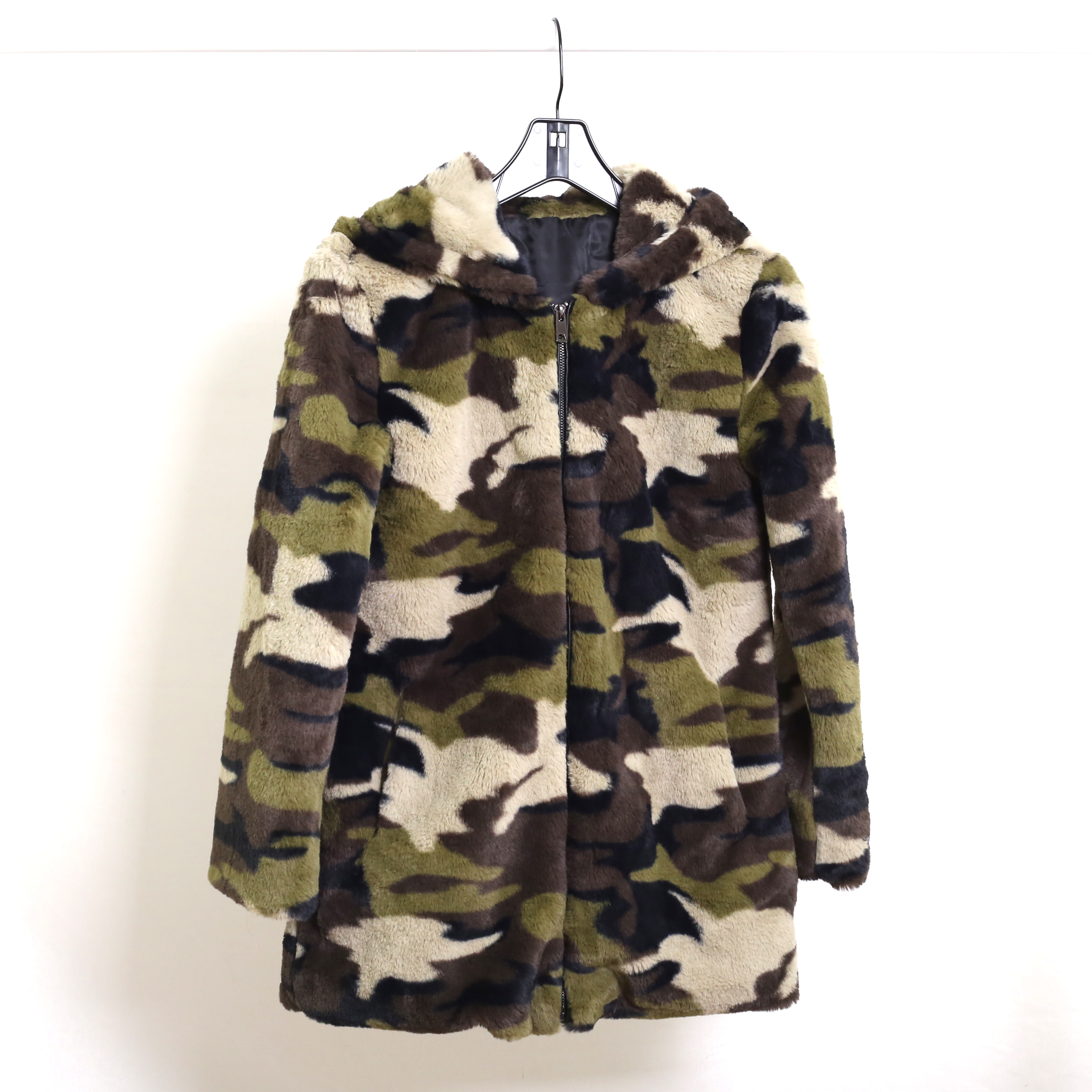 Hot selling women's faux fur Rabbit camo color zipper hood coat