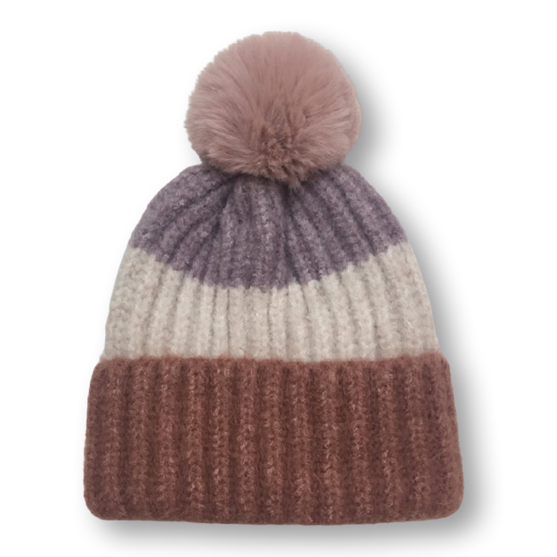 Lady's Stripe Knitted Hat With Fur Pompom