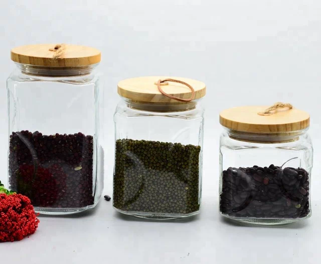 F6051-2 Round Glass Storage Candy Jars Set With Bamboo Lids