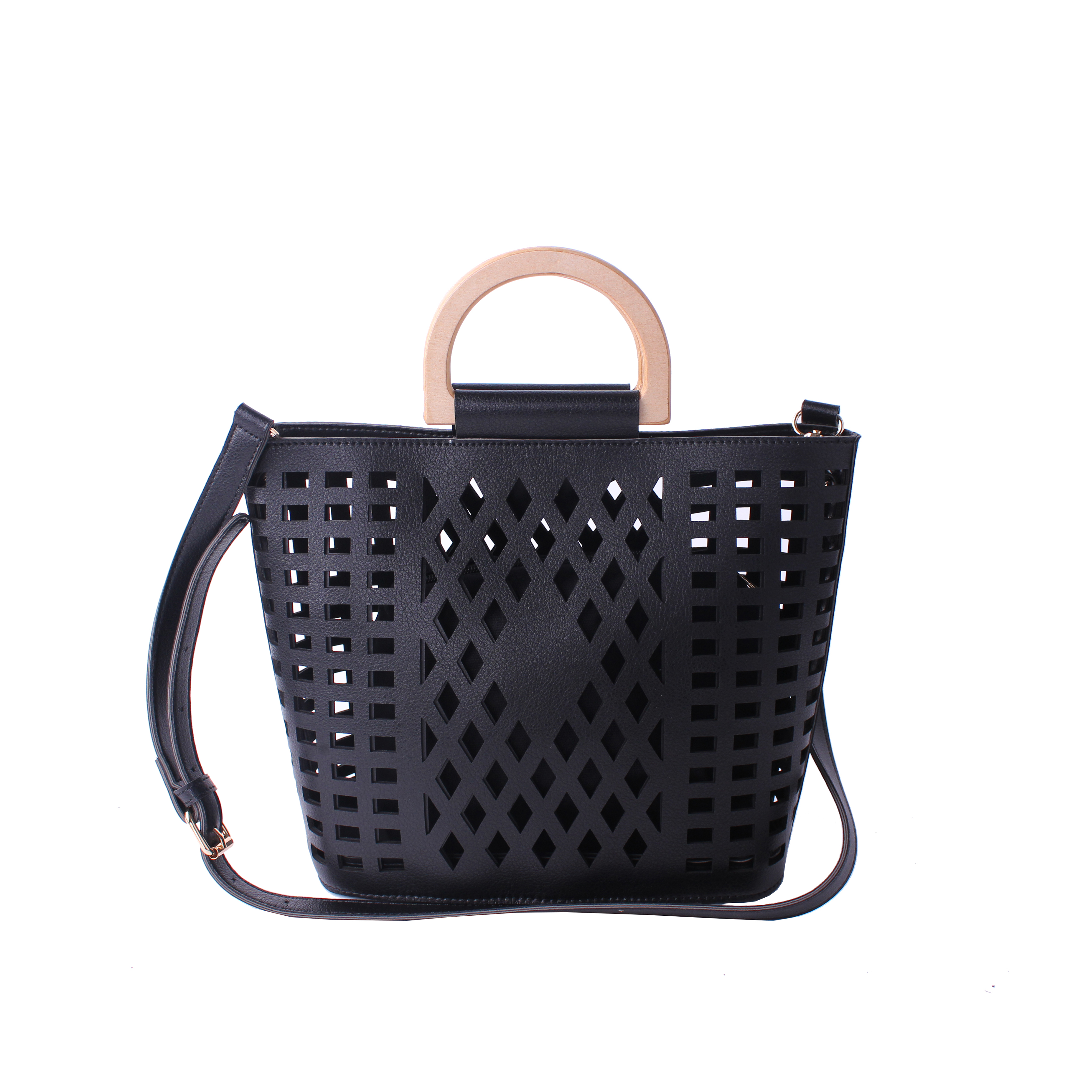 2021 new fashion ladies wood handle perforated shoulder bag handbag