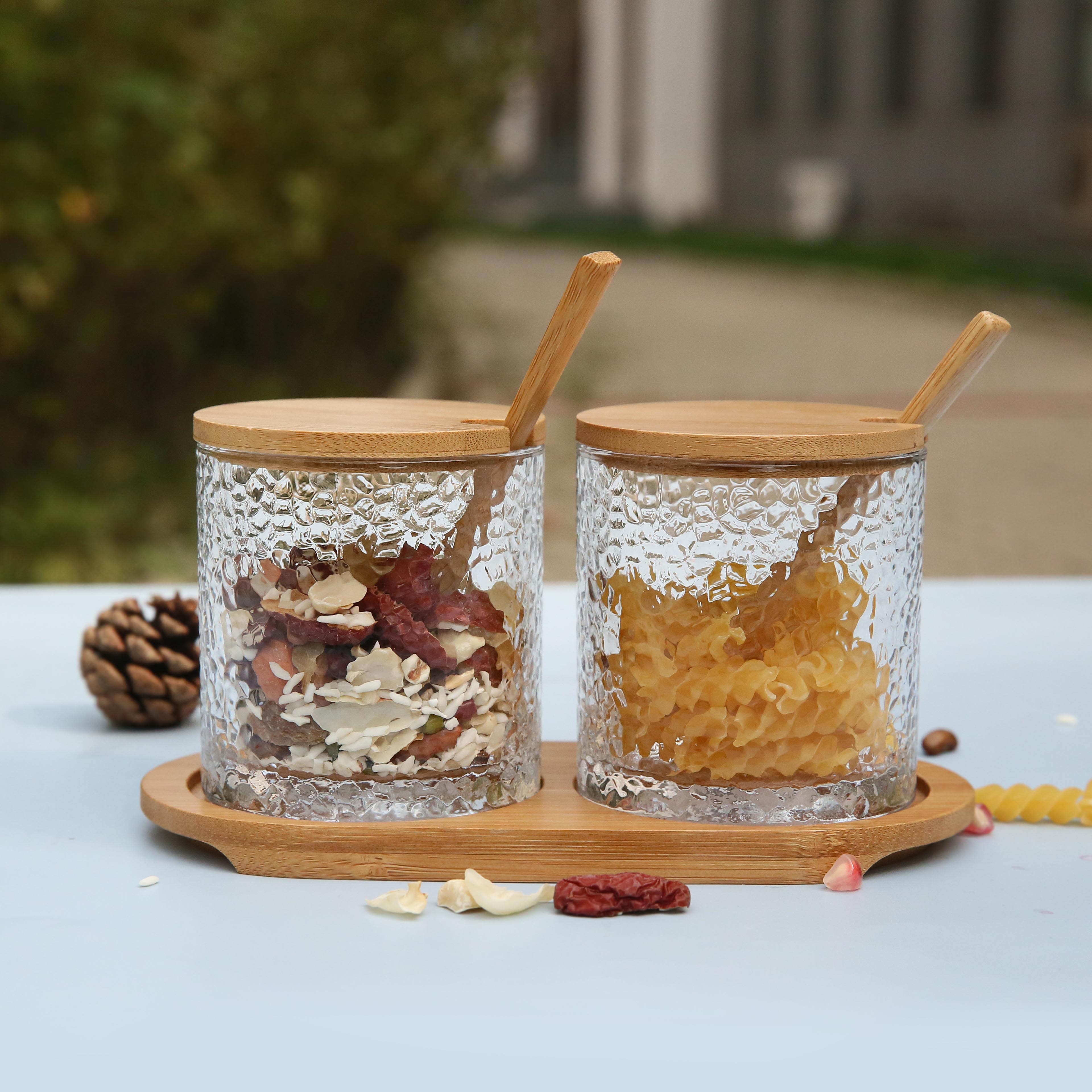 Modern Glass Food Storage Containers with Wood Lid Spoon And base Set of 2丨Kitchen Canisters for Sugar, Candy, Cookie, Rice.