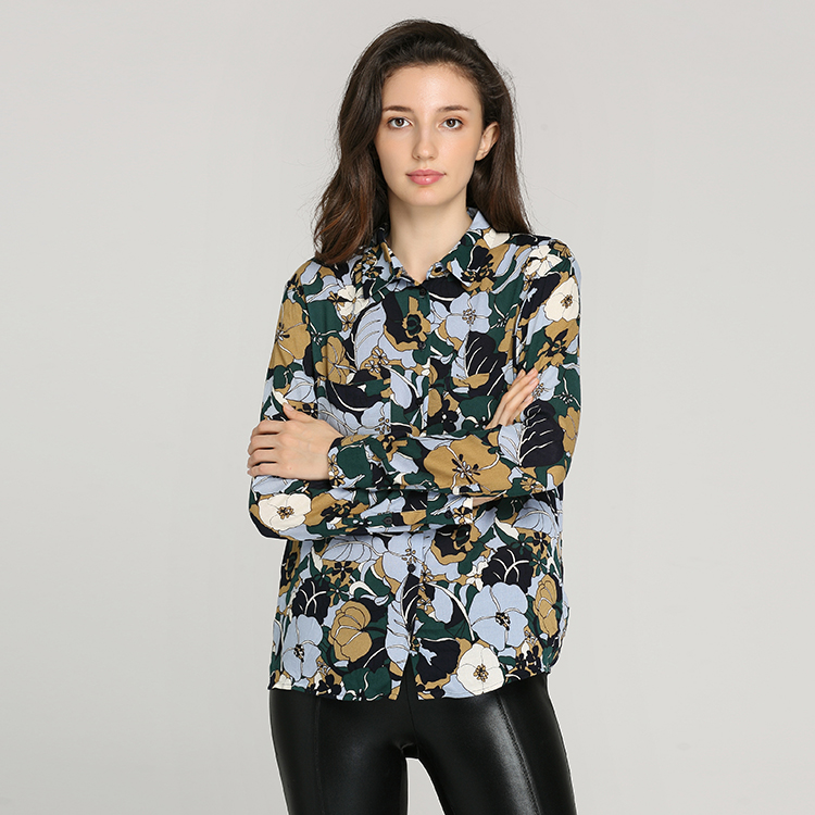 First choice 100% viscose dark green print long sleeve classic office shirt and blouse