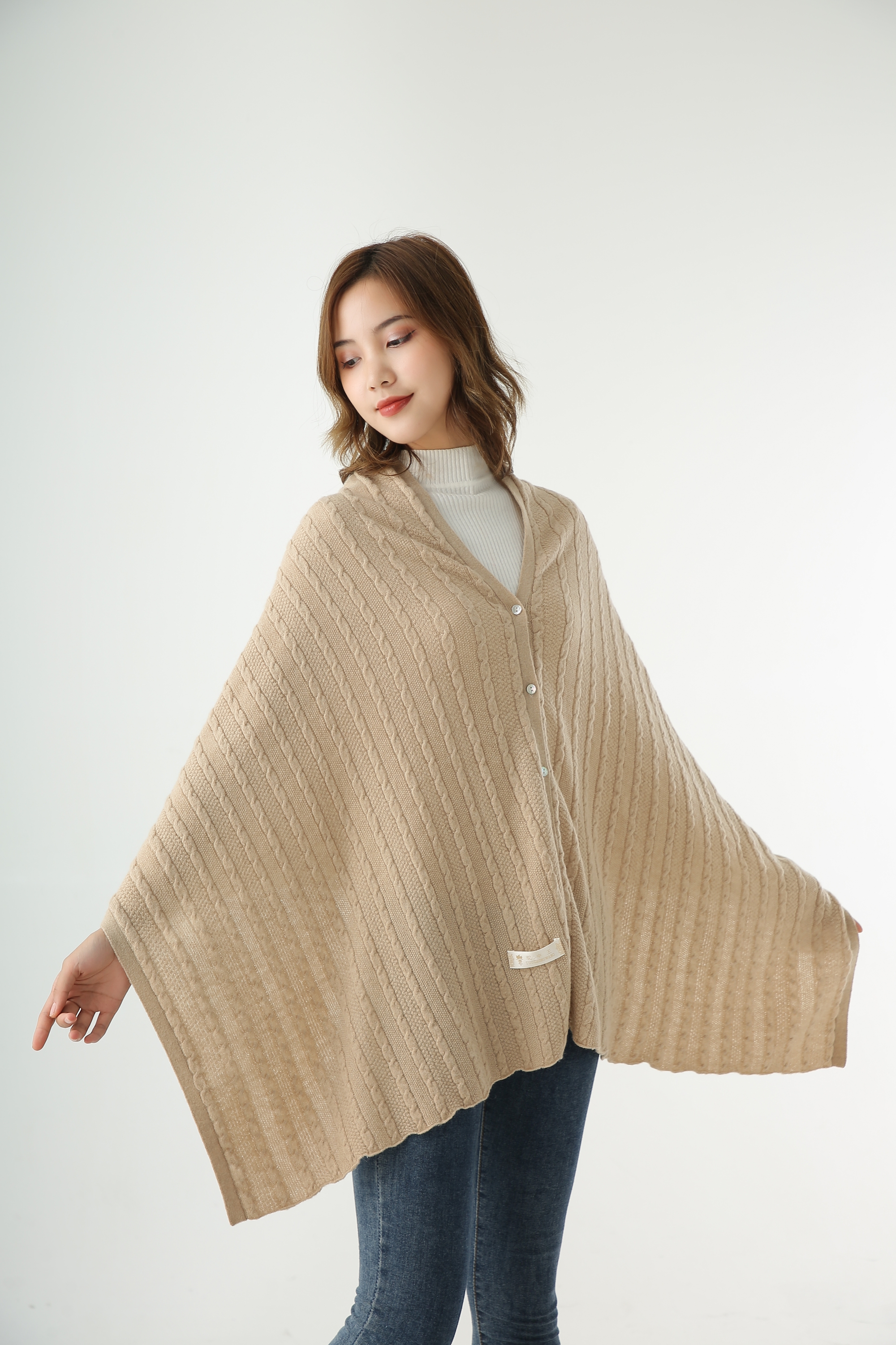 camel wool shawl with fastener
