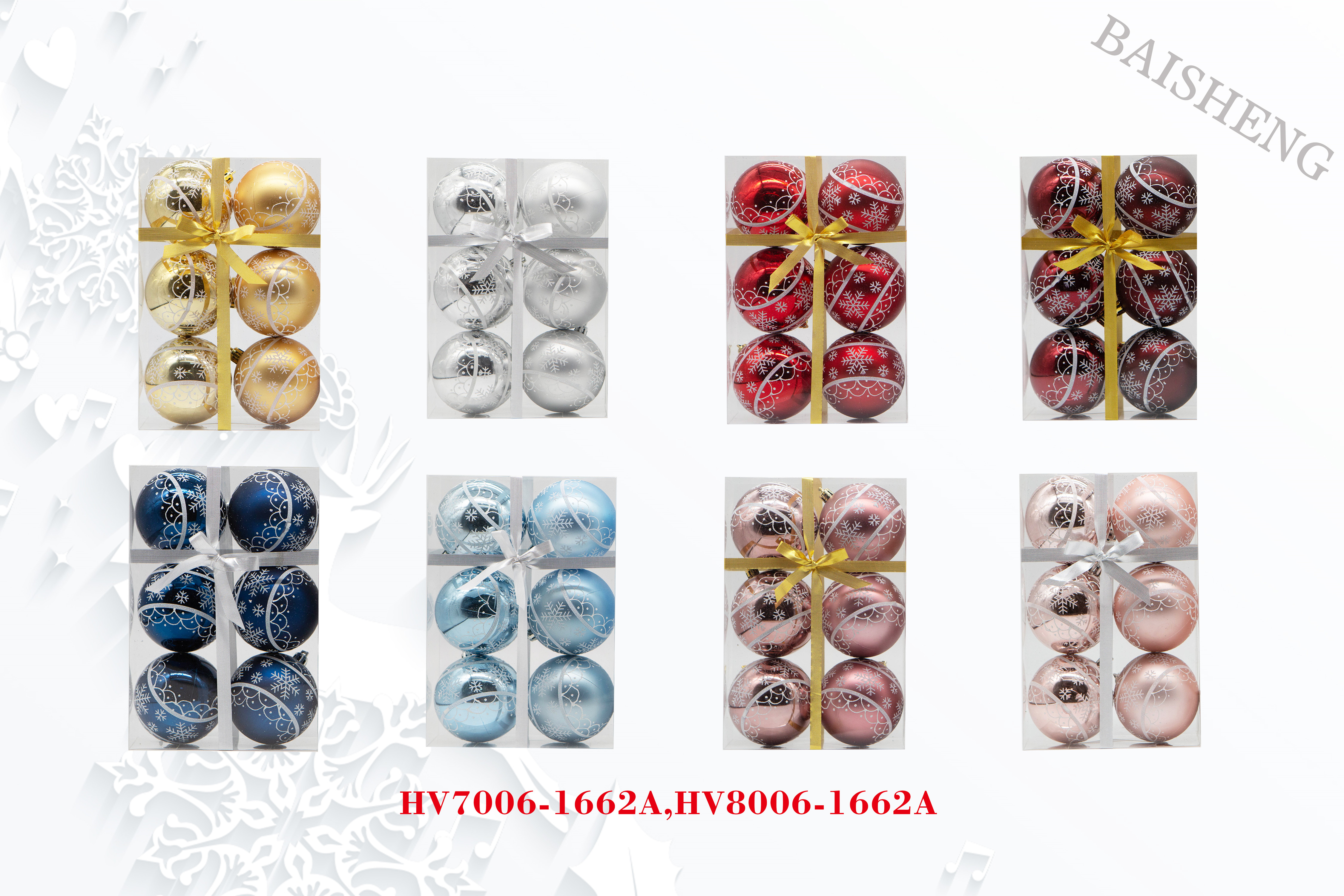 8cm Painted Christmas Balls, 6pcs In PVC Box With Ribbon