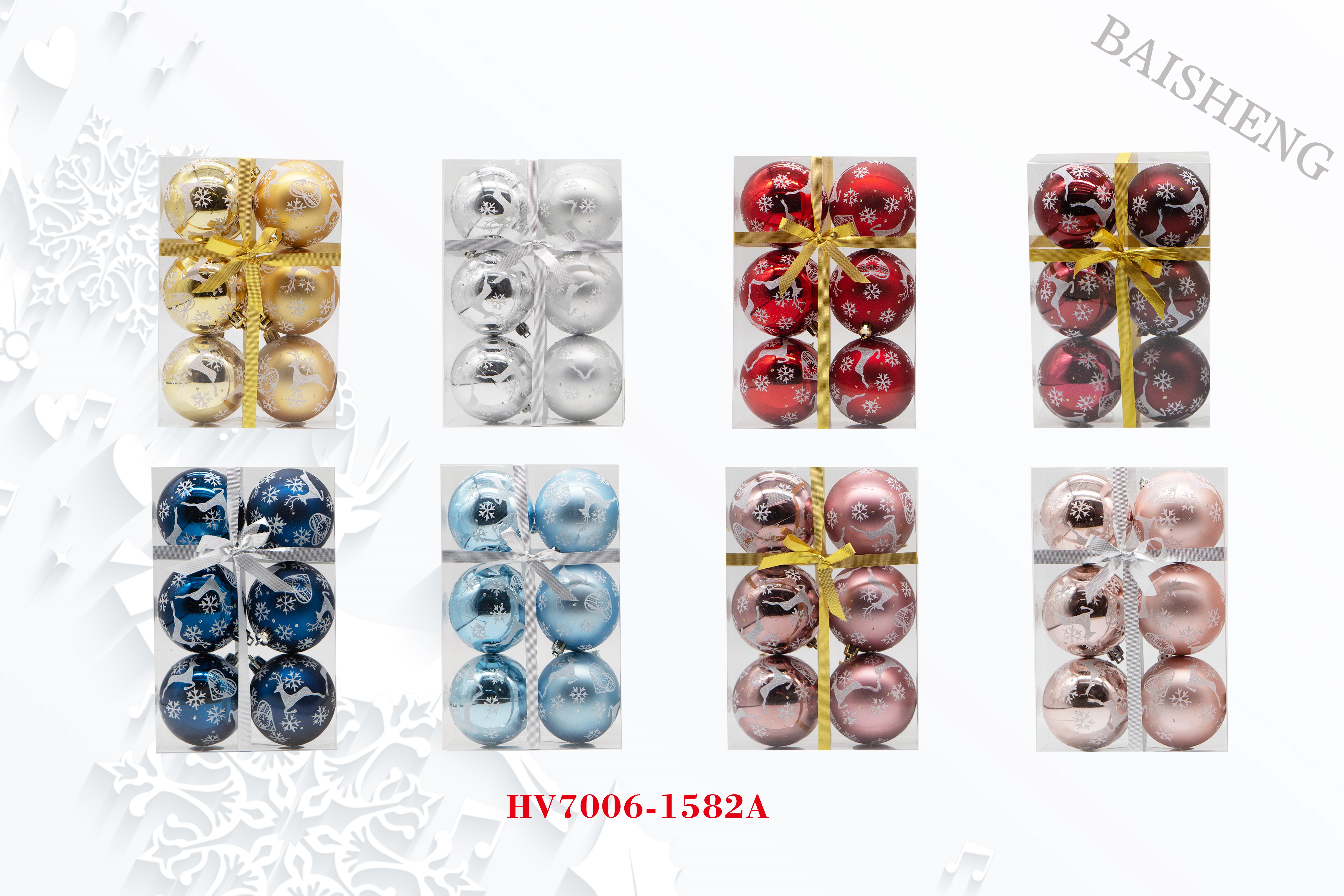 8cm Painted Christmas Balls, 6pcs In PVC Box With Ribbon