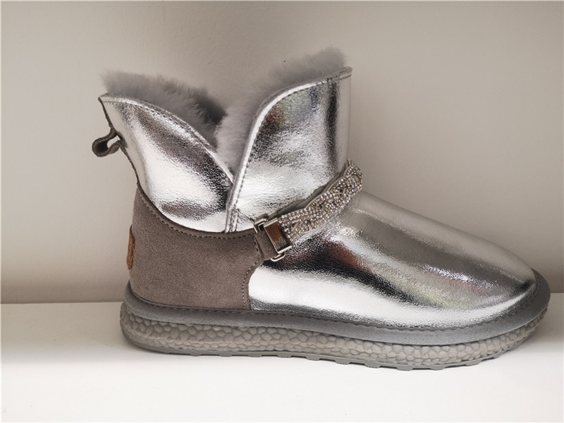 Ladies Fashion Sheepskin/Fake fur Snow Boot Winter shoes Water-Resistant Shinny Silver PU