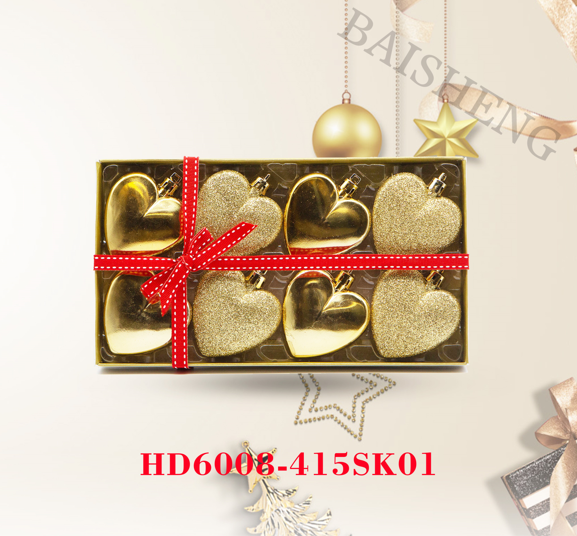 6cm Hearts, 8pcs In PVC Box With PVC Cover And Ribbon