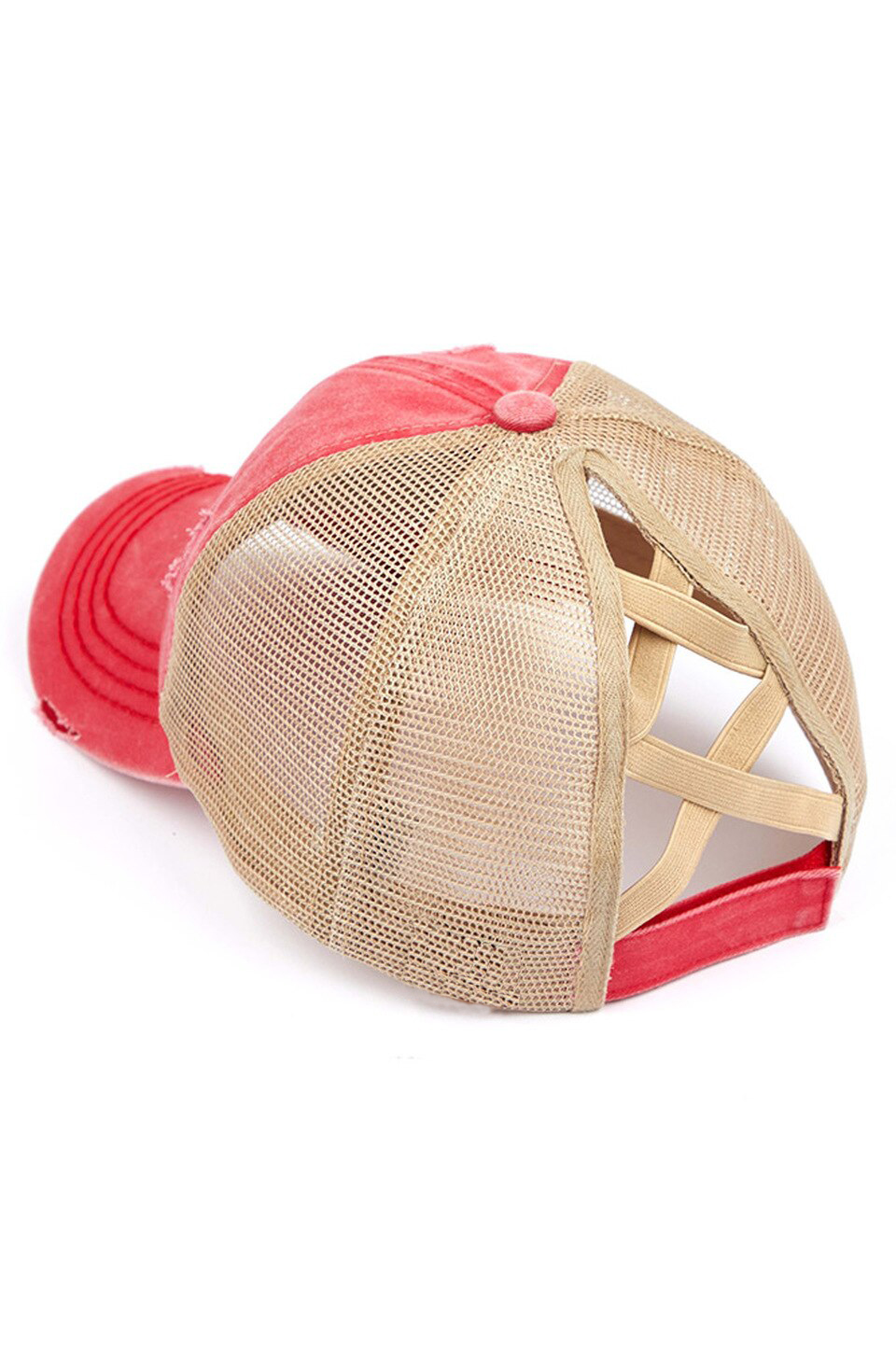 6 panel washed crossed pony tail trucker,elastic strap