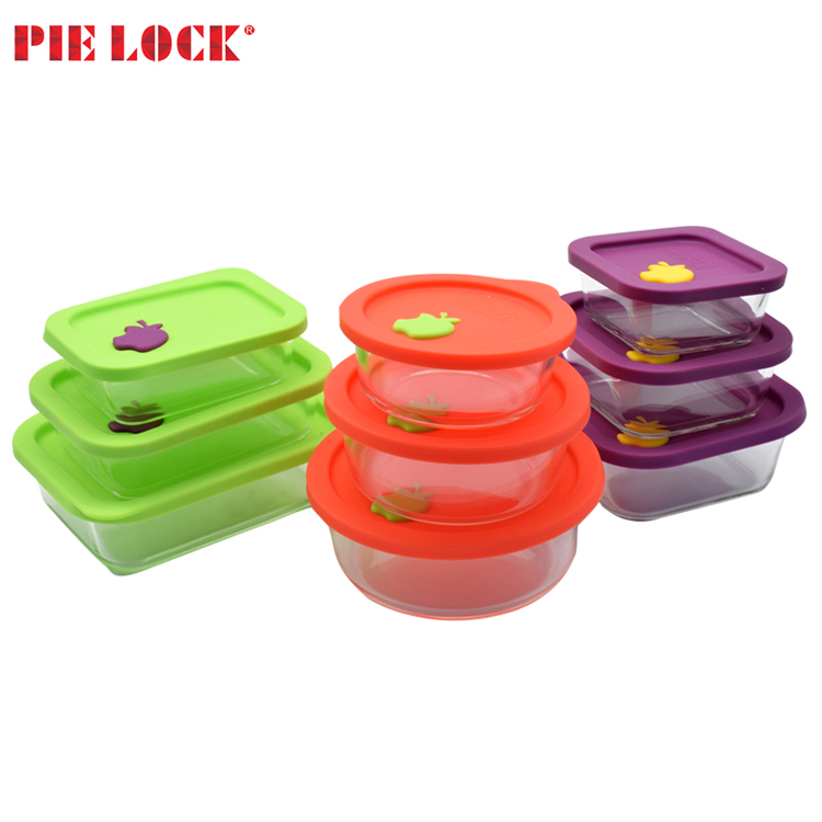 Glass food storage container with colorful silicone lid