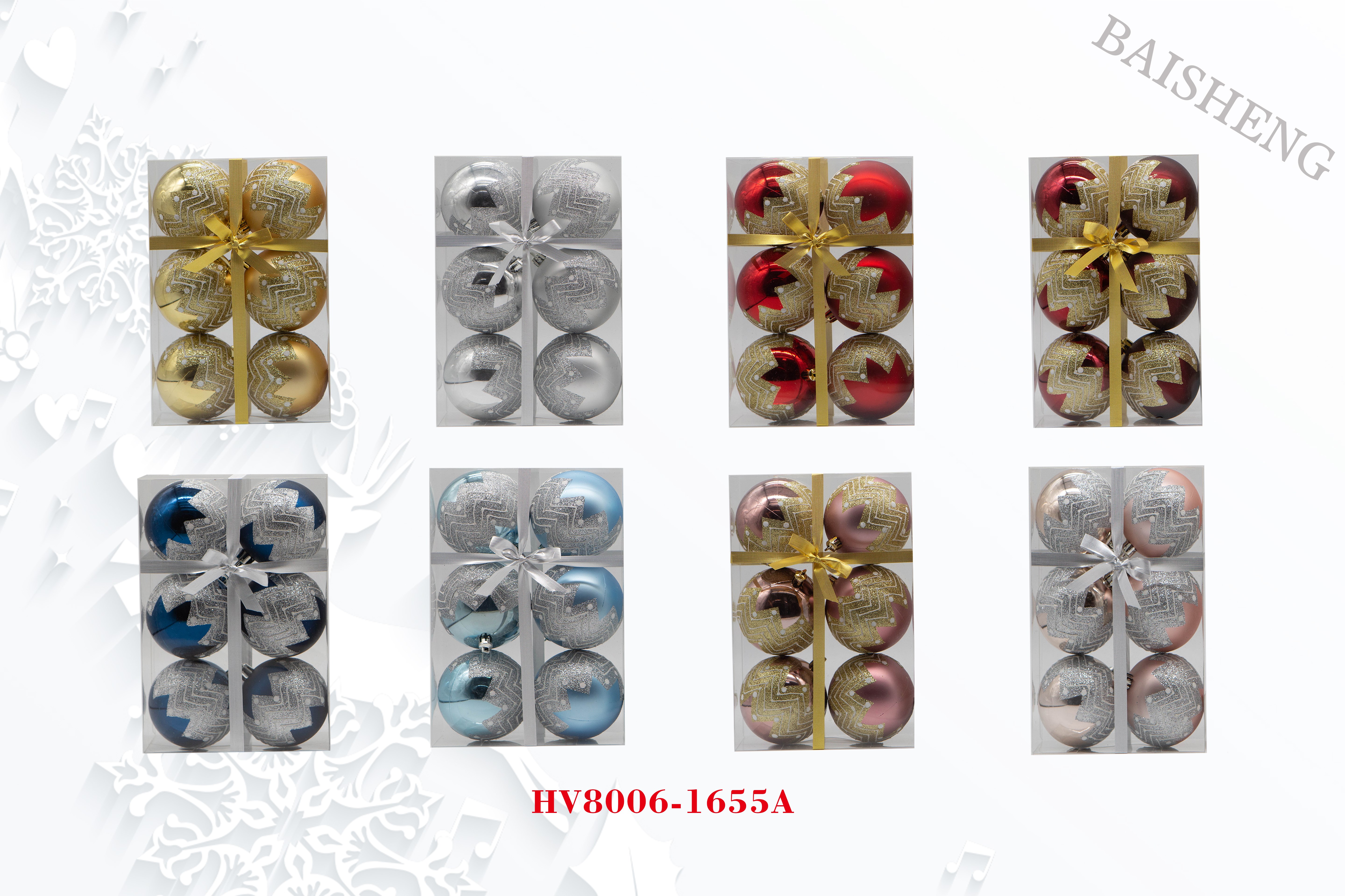 8cm Painted Christmas Balls, 6pcs In PVC Box With Ribbox