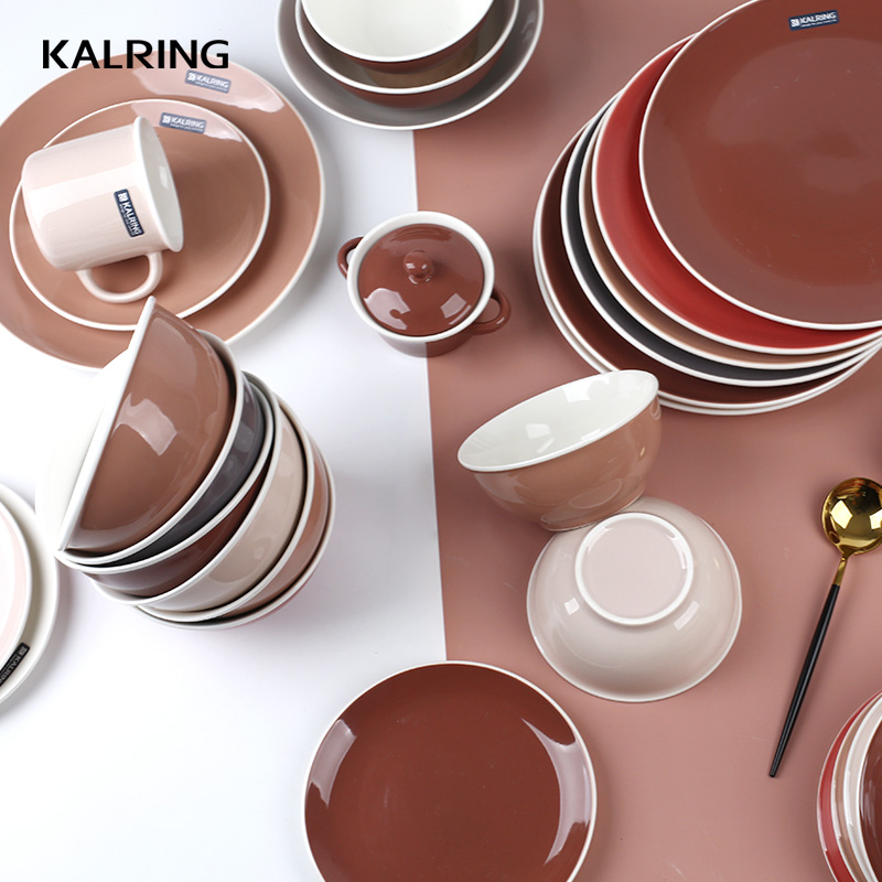 New bone china bowl and plate with white rim bowl with lid color glaze fashion design