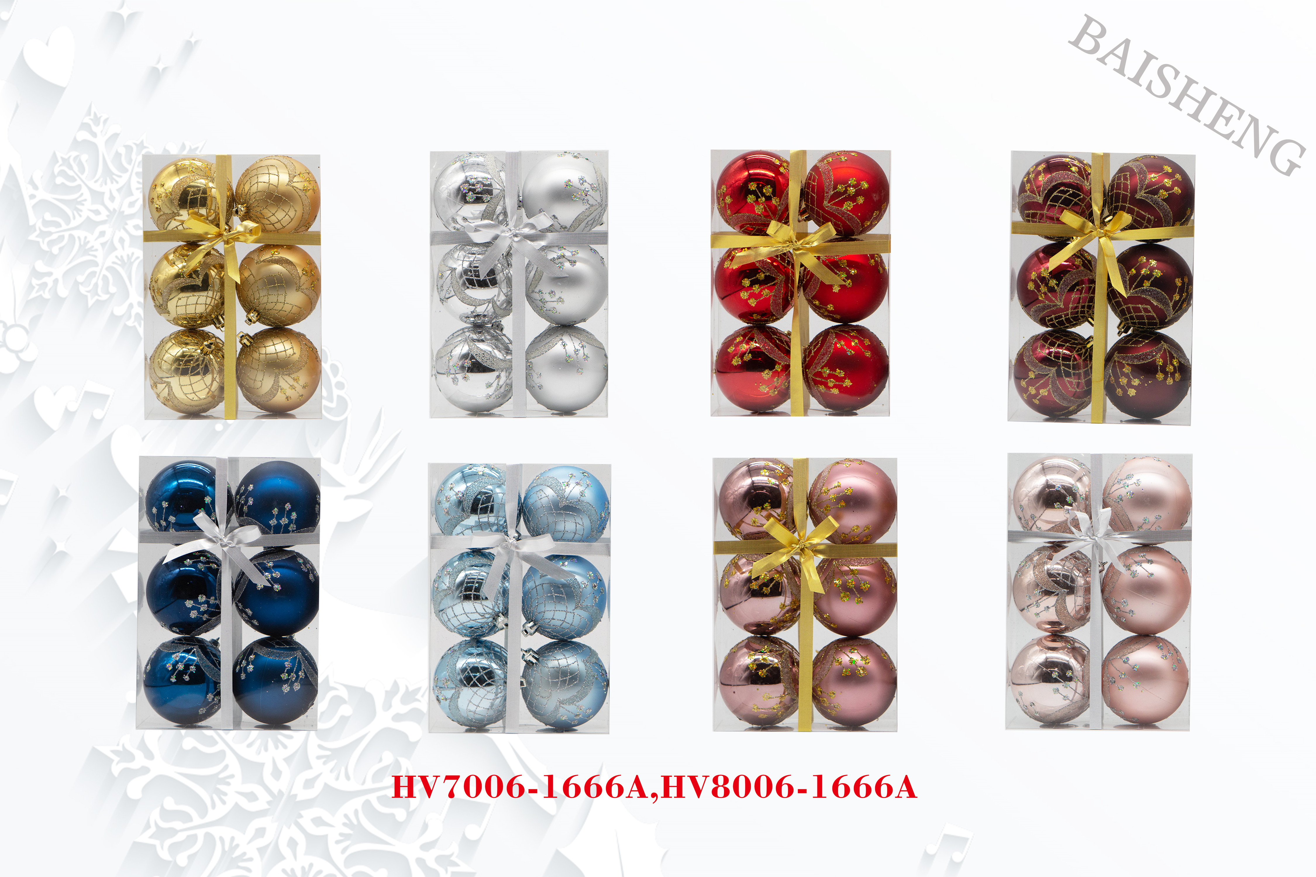 7cm Painted Christmas Balls, 6pcs In PVC Box With Ribbon