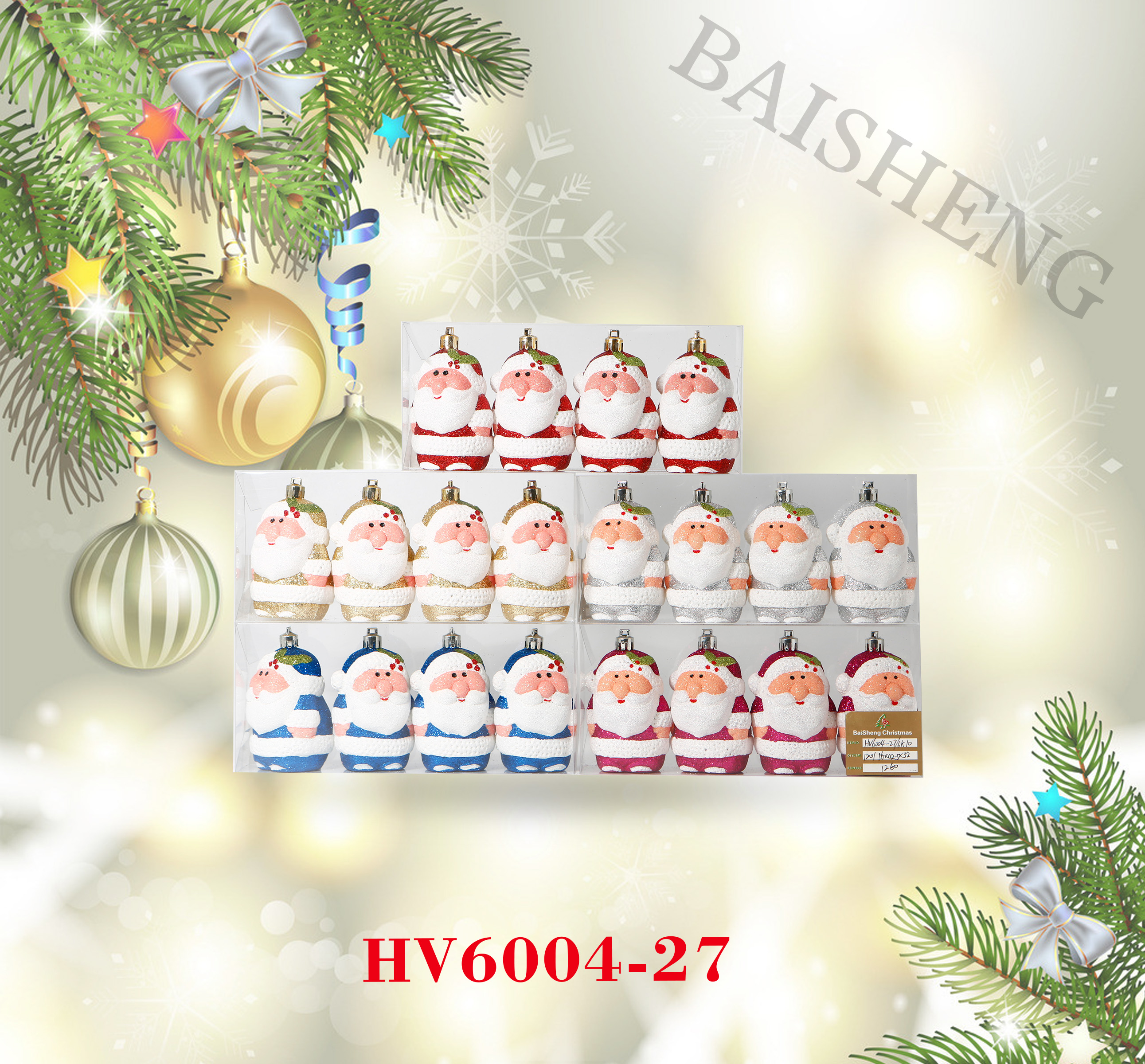6cm Glitter Painted Santa Ornaments, 4pcs In PVC Box