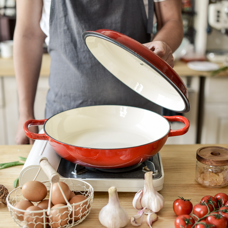 Enamel cast iron shallow casserole, cast iron pot