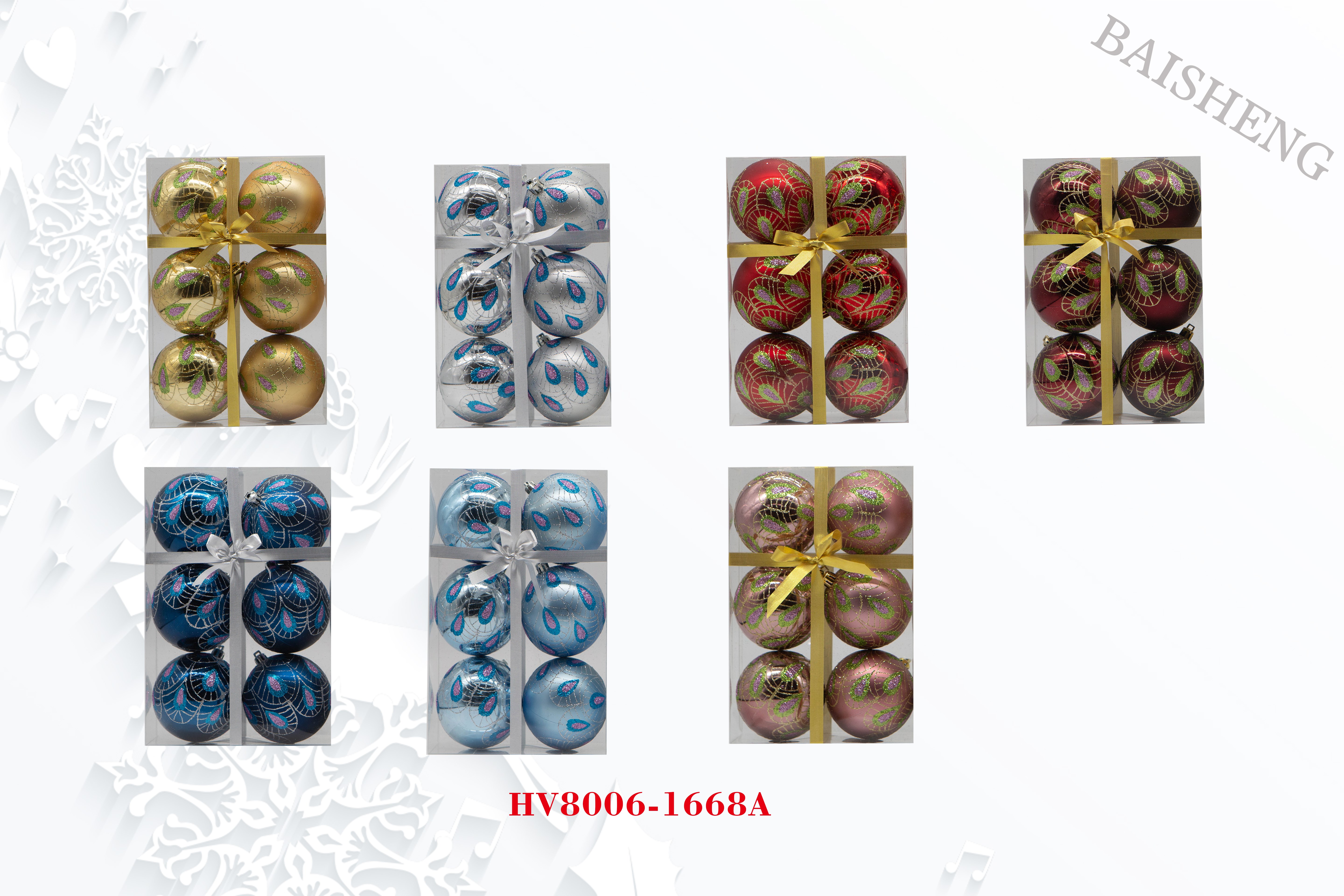 8cm Painted Christmas Balls, 6pcs In PVC Box With Ribbox