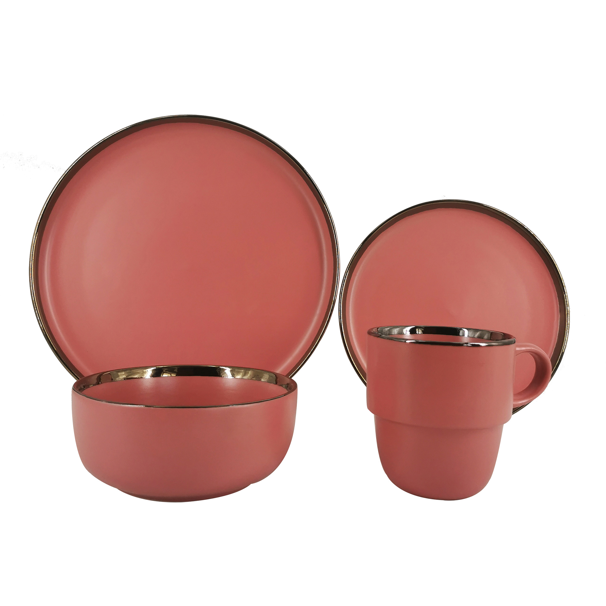 Stoneware solid color glazed 16pcs dinner set with wide golden rim