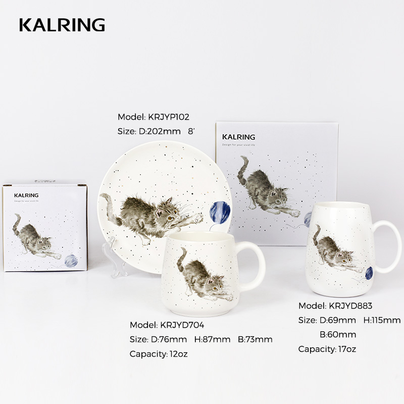 New bone china mug with sesame glaze with animal decal printing as gift mug in color box