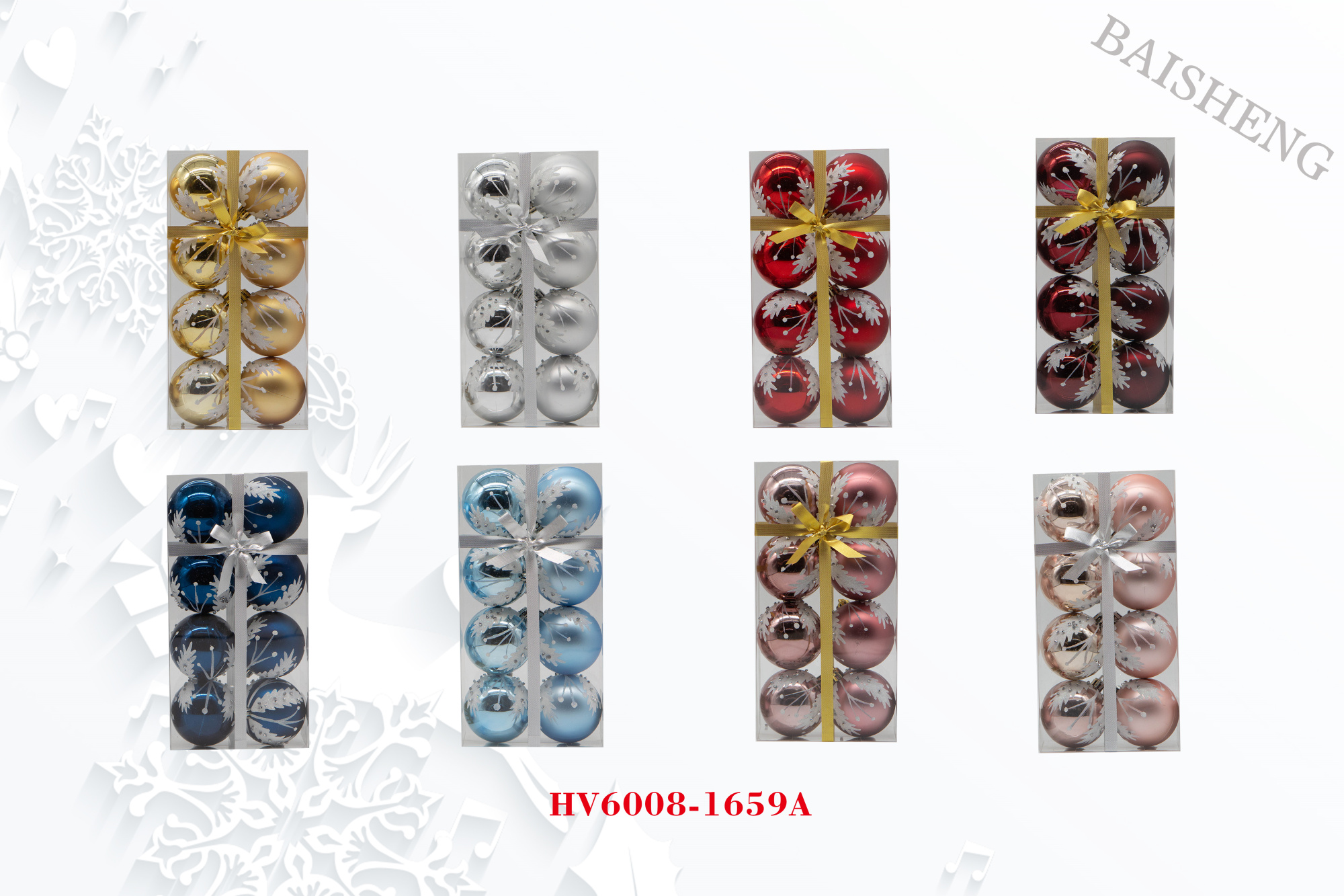 6cm Painted Christmas Balls, 8pcs In PVC Box With Ribbon