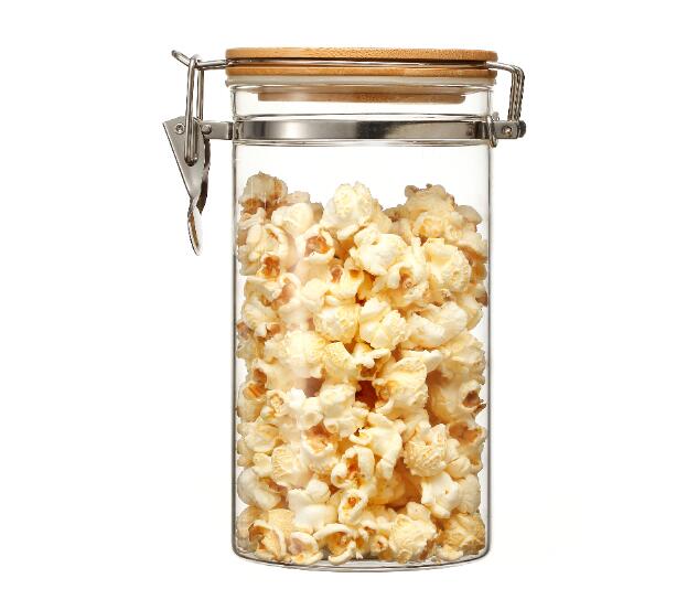 Hot selling hand made high borosilicate glass food jar for home using with bamboo lid and clip EU standard Dishwasher safe
