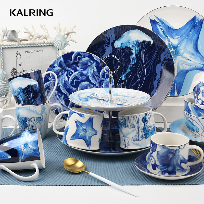 Dinner set ceramic cake plate fruit plate with ocean decal for hotel for gift