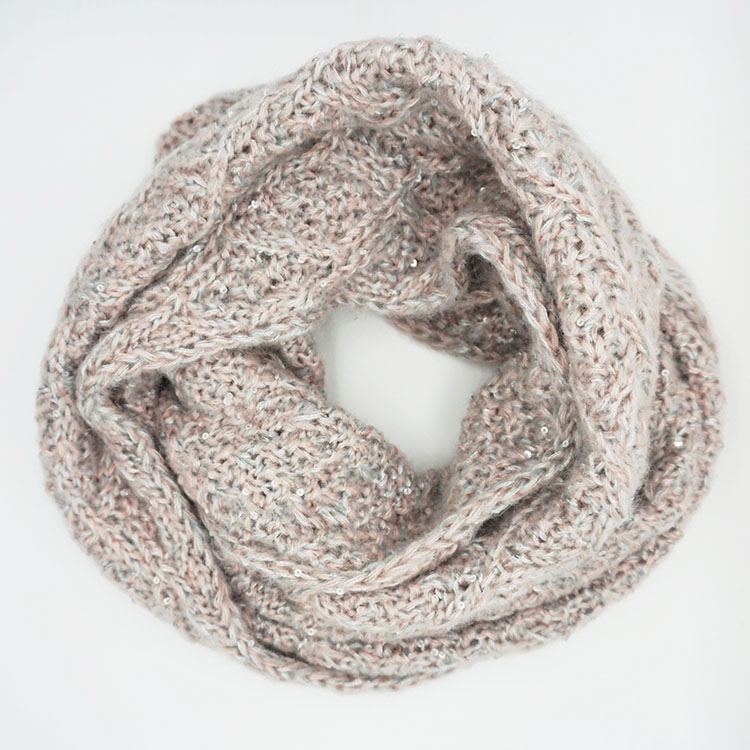 Knitted snood with cable pattern and sequins