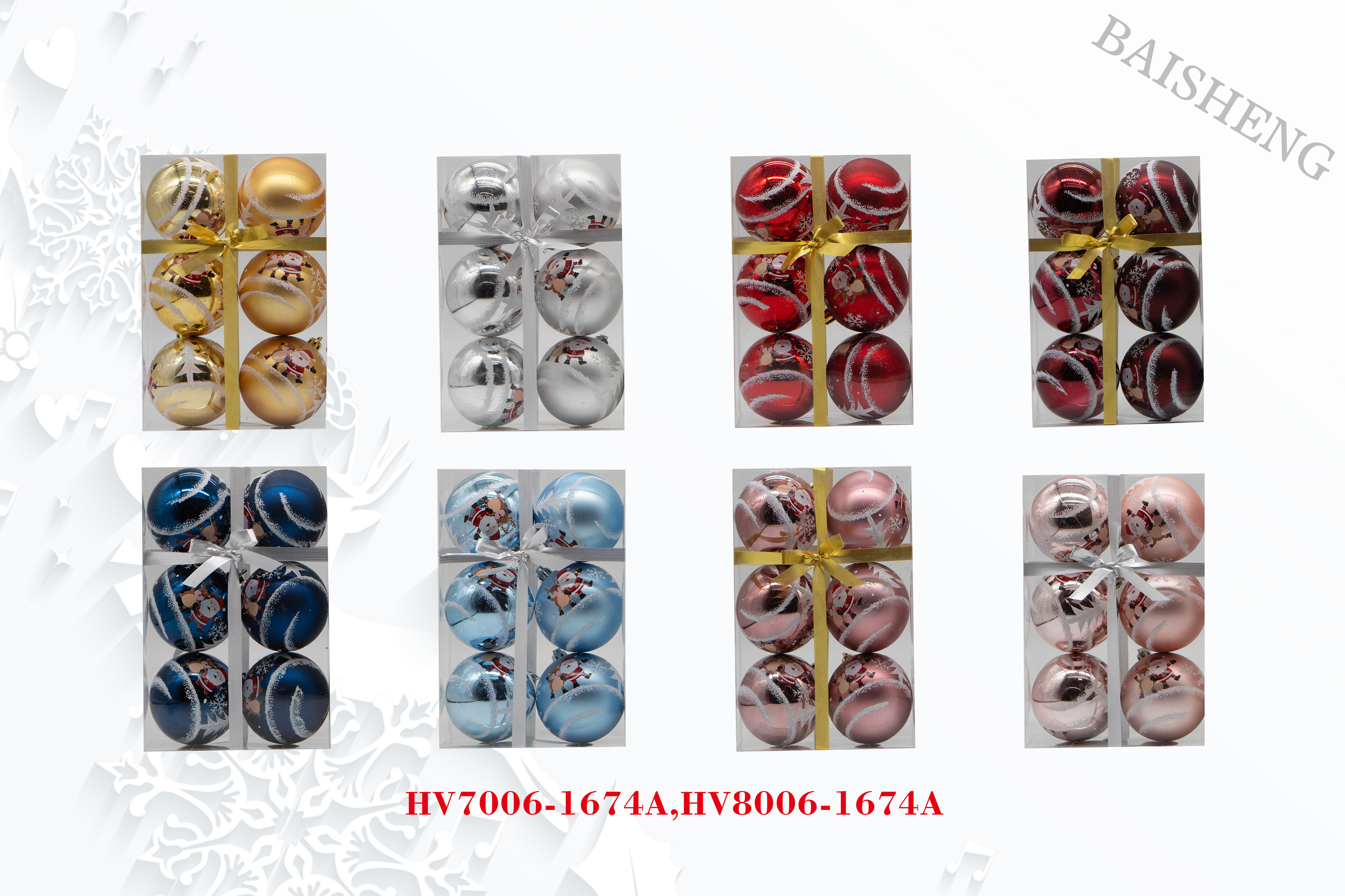 7cm Painted Christmas Balls, 6pcs In PVC Box With Ribbon
