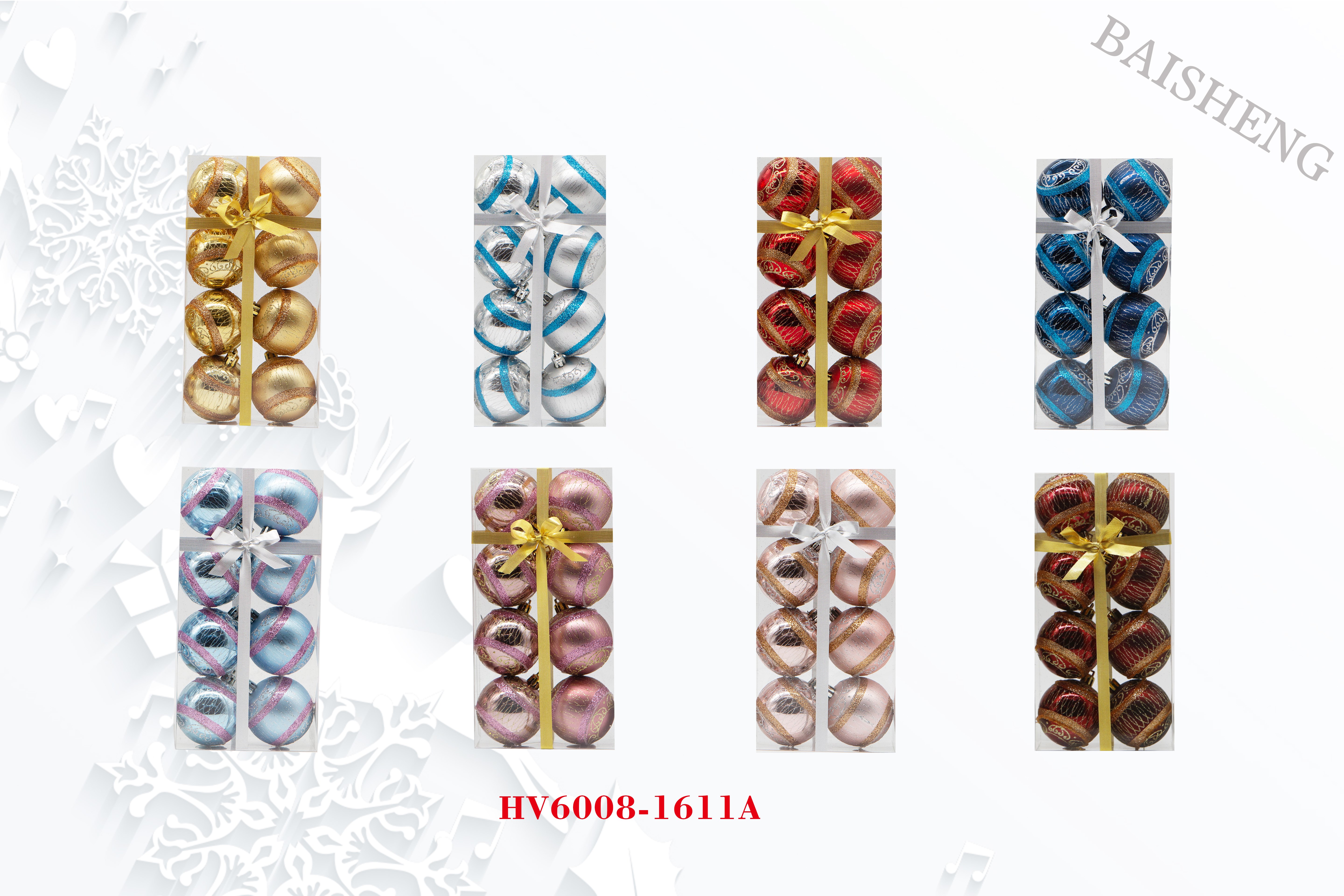 6cm Painted Christmas Balls, 8pcs In PVC Box With Ribbon