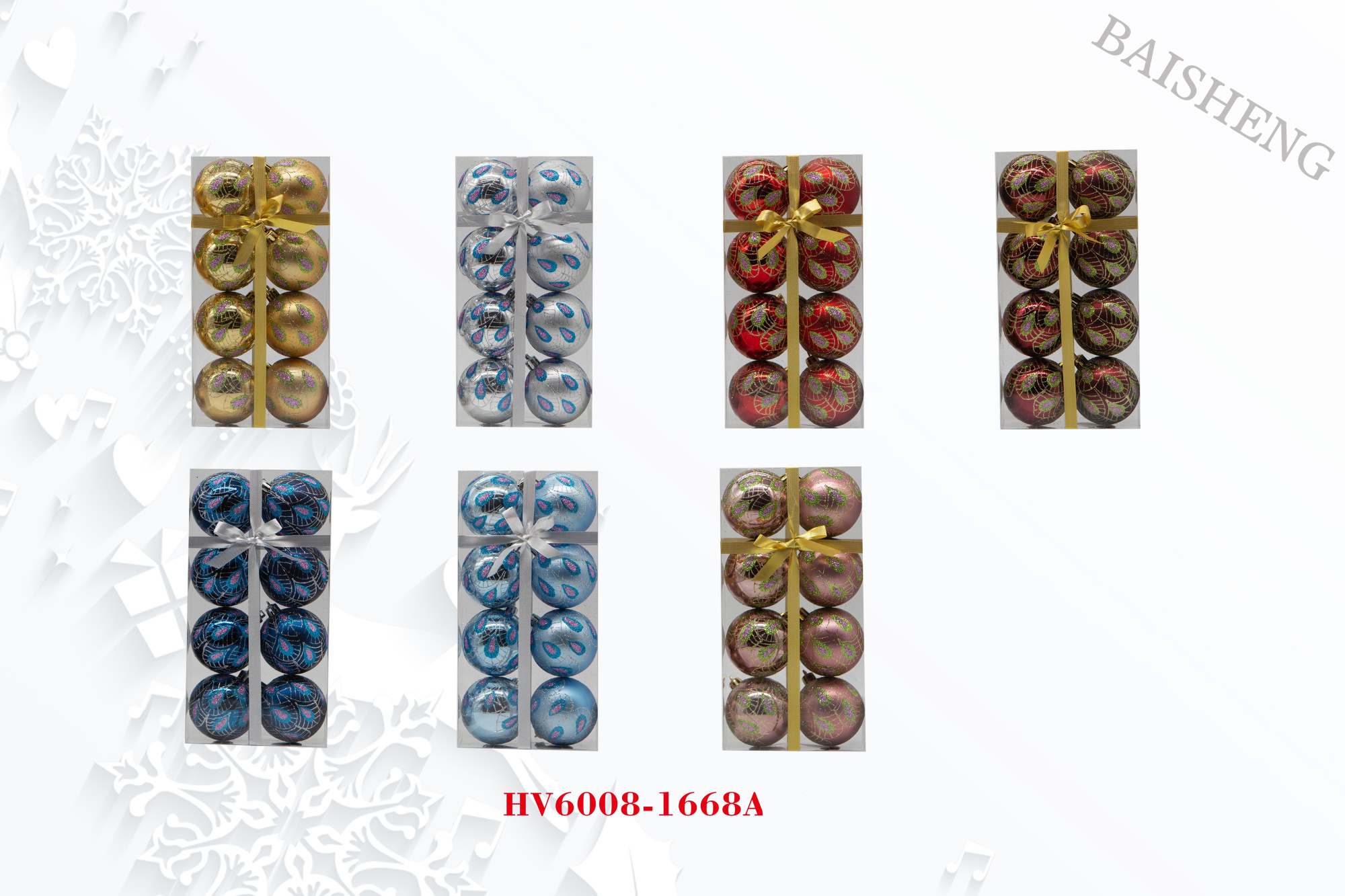 6cm Painted Christmas Balls, 8pcs In PVC Box With Ribbon