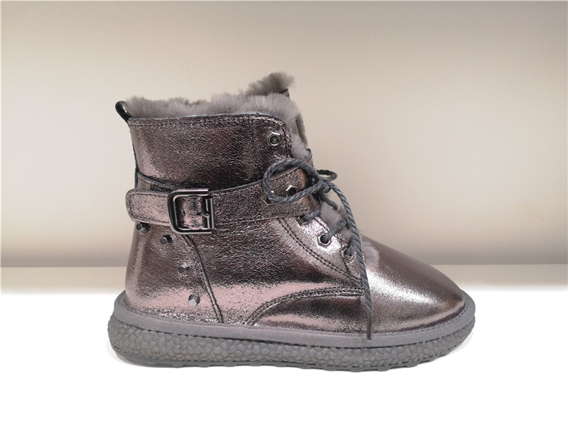 Ladies Fashion Sheepskin/Fake fur Snow Boot Winter shoes Water-Resistant Shinny Leather Lace