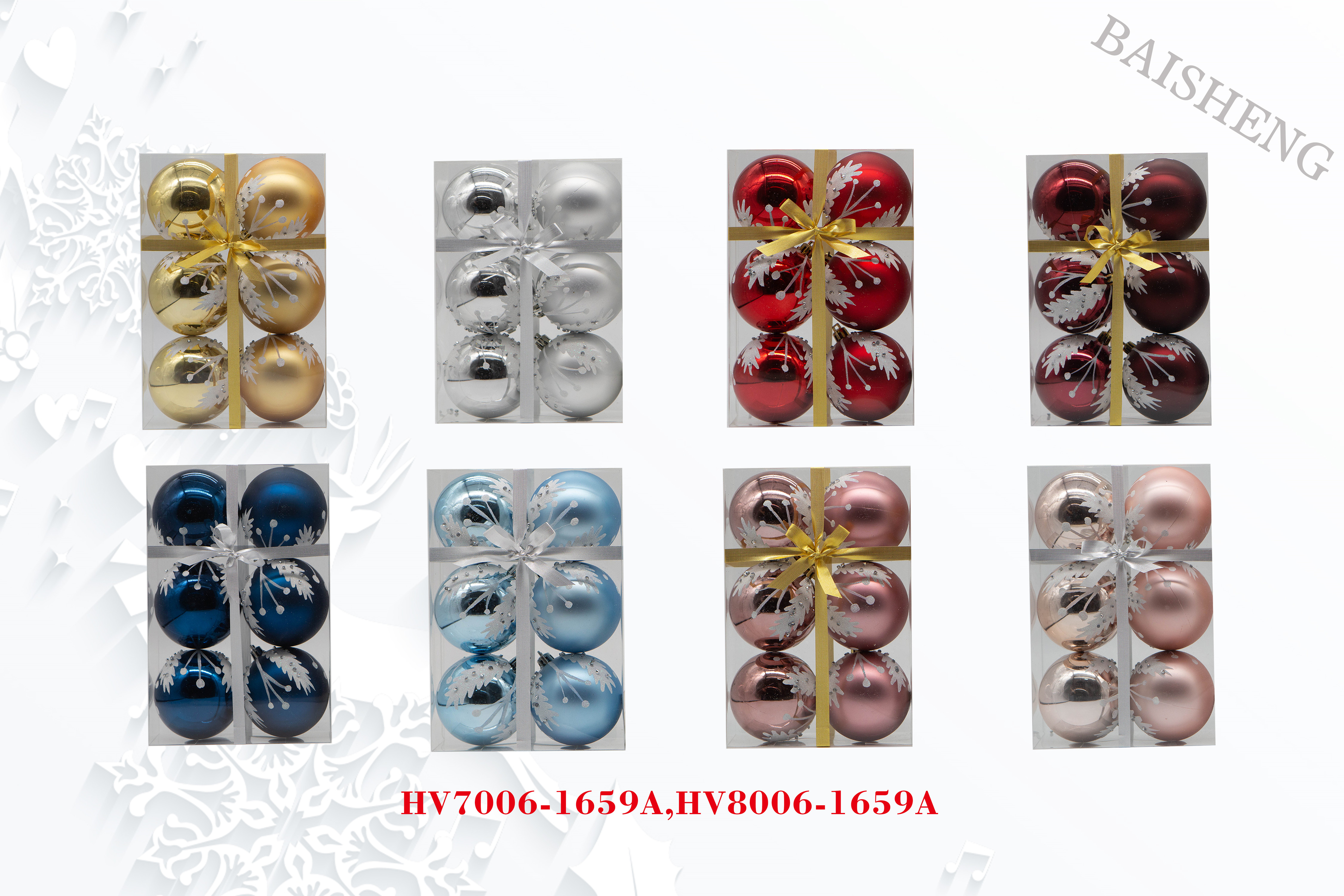 8cm Painted Christmas Balls, 6pcs In PVC Box With Ribbon