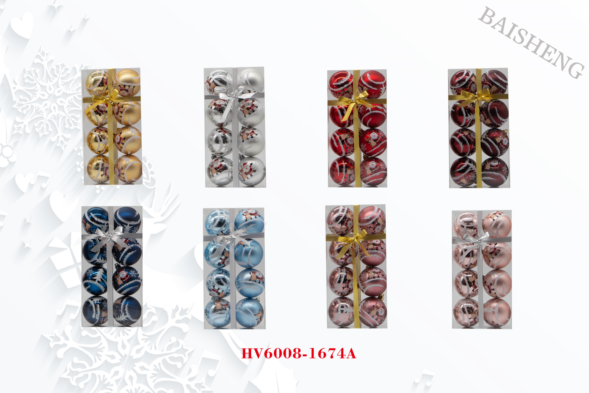 6cm Painted Christmas Balls, 8pcs In PVC Box With Ribbon