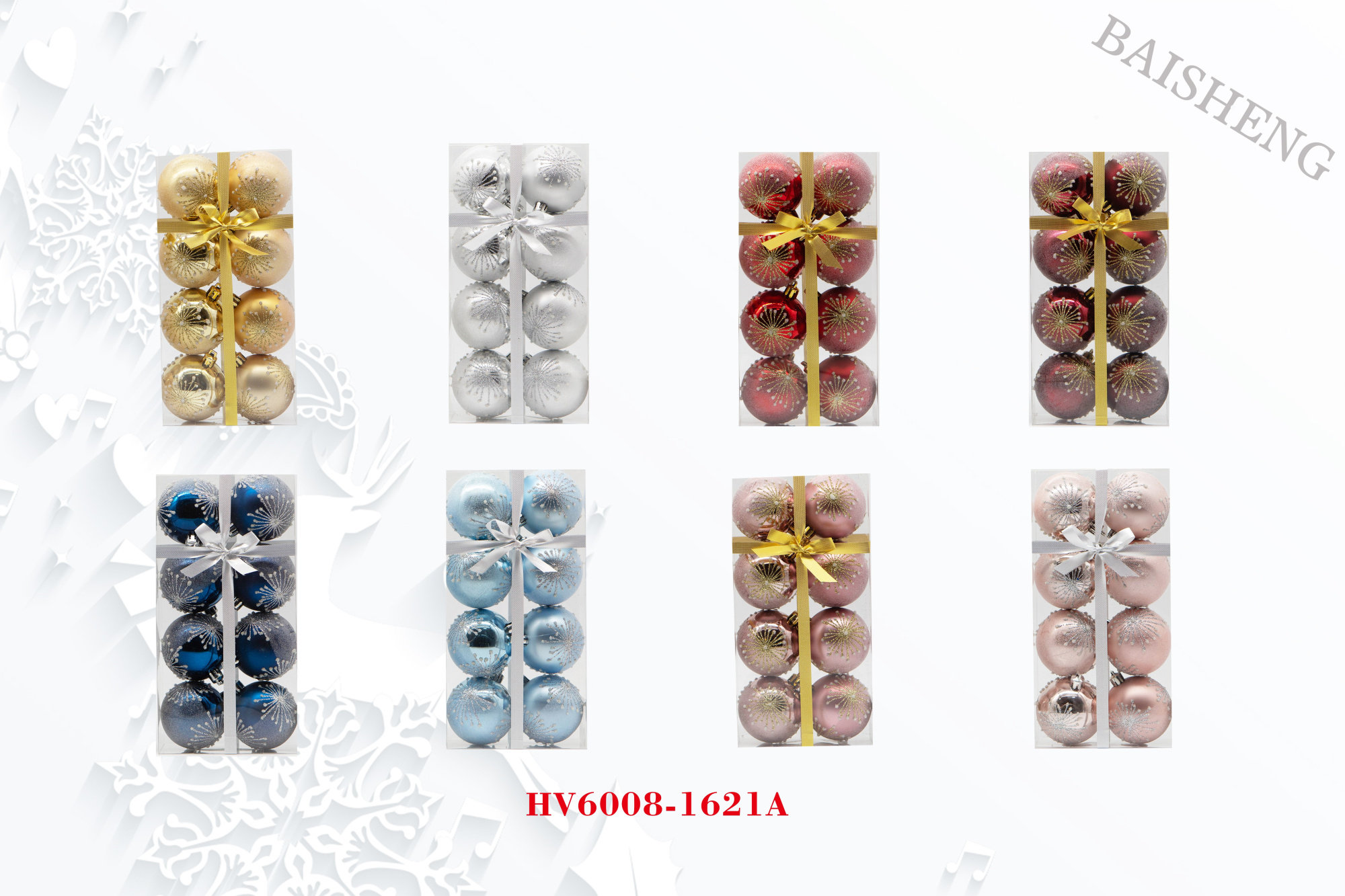 6cm Painted Christmas Balls, 8pcs In PVC Box With Ribbon