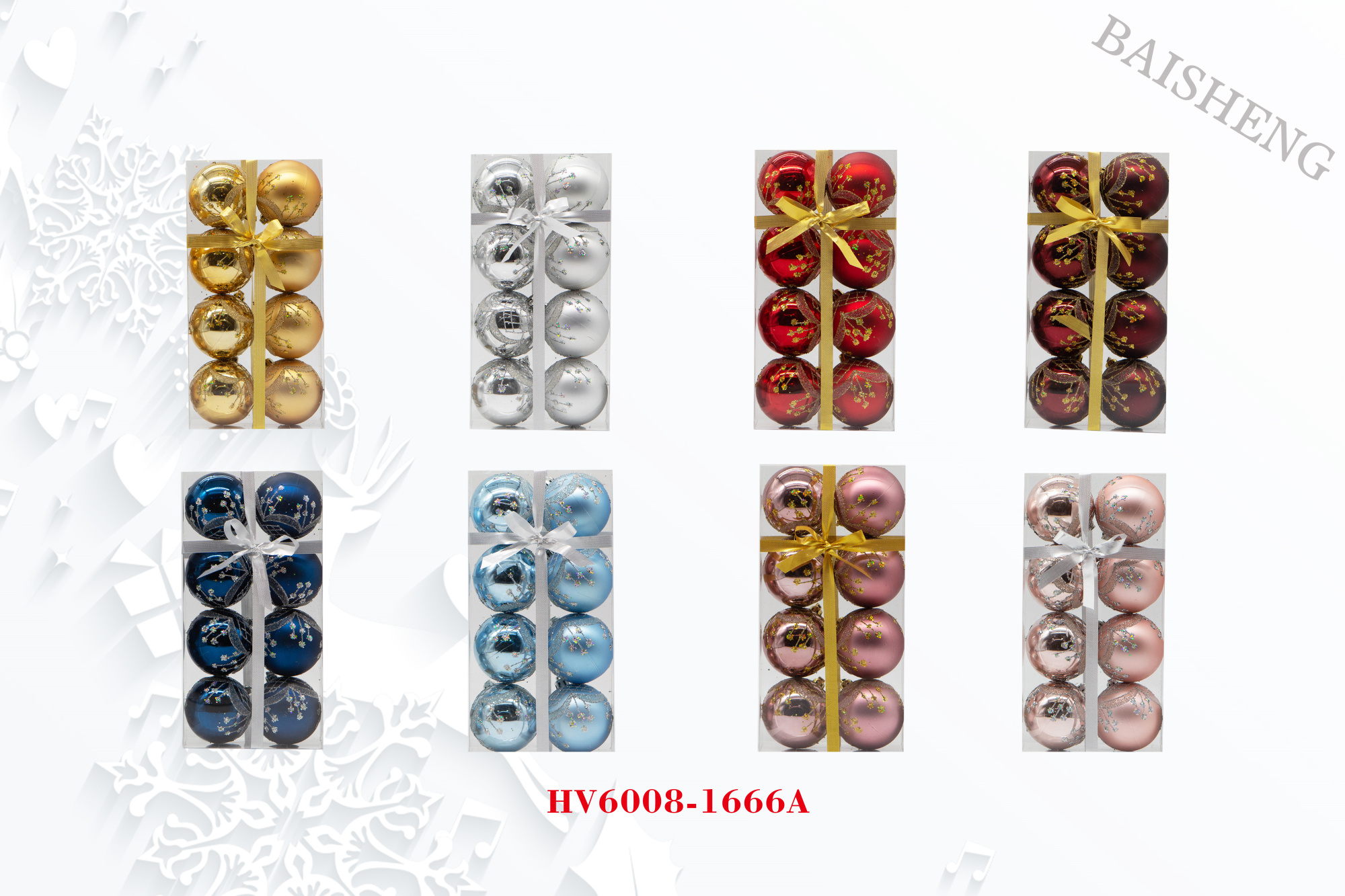 6cm Painted Christmas Balls, 8pcs In PVC Box With Ribbon