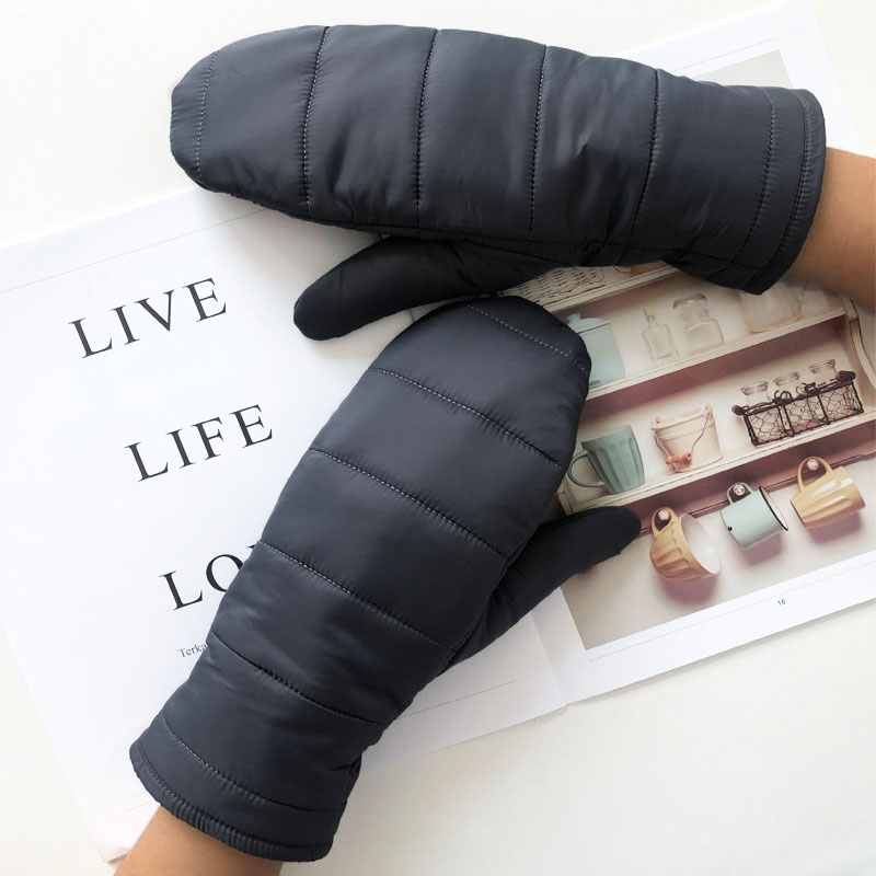winter warm down fabric mitten gloves with thick flecce lining