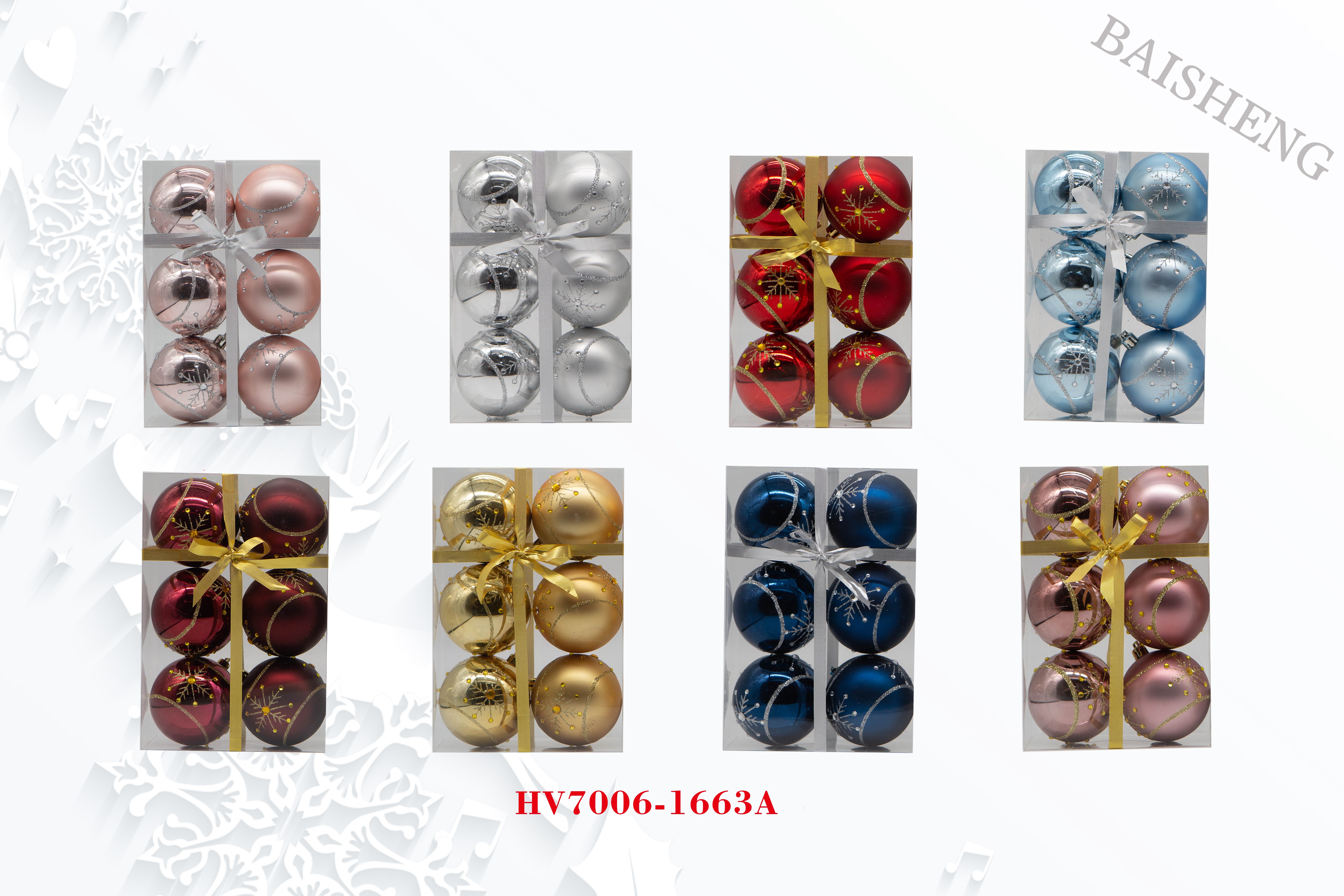 7cm Painted Christmas Balls, 6pcs In PVC Box With Ribbox
