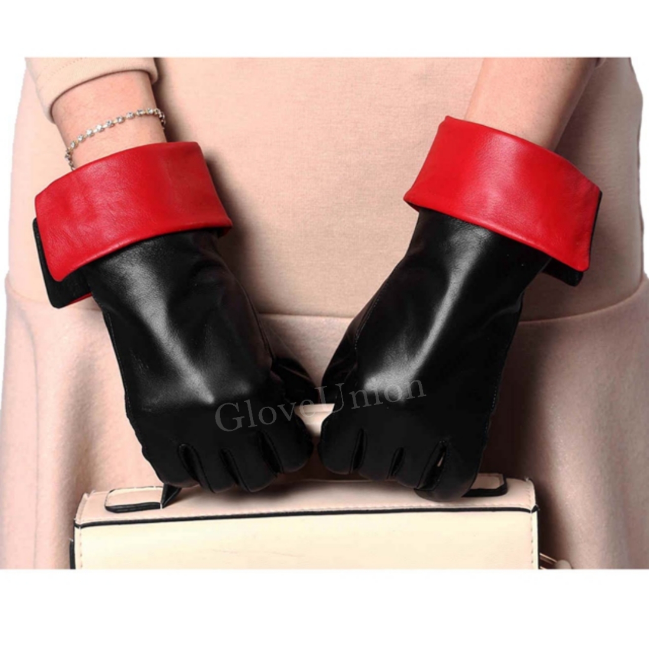 Ladies' Touchscreen Sheepskin Leather glove with color-contrast