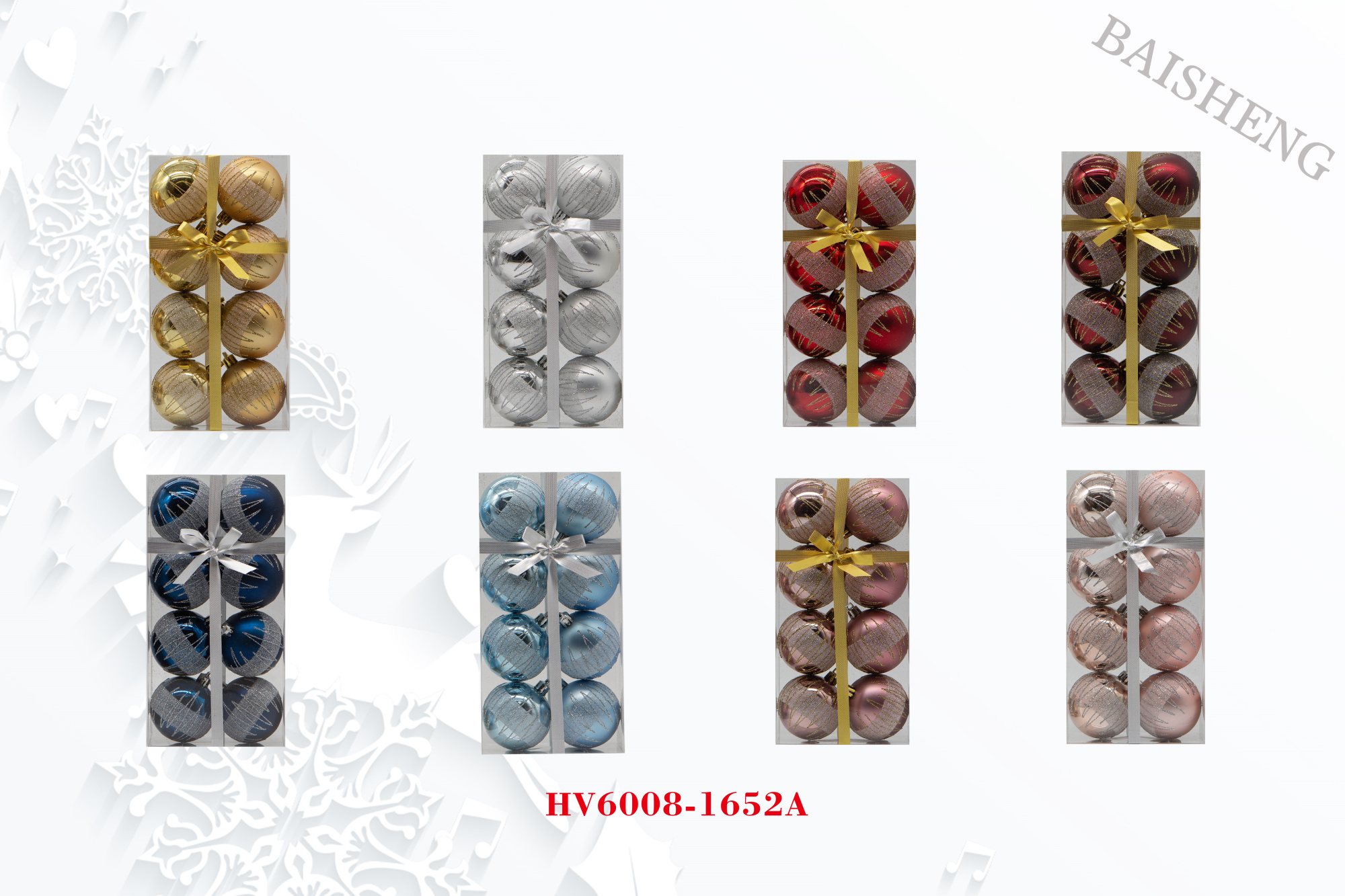 6cm Painted Christmas Balls, 8pcs In PVC Box With Ribbon