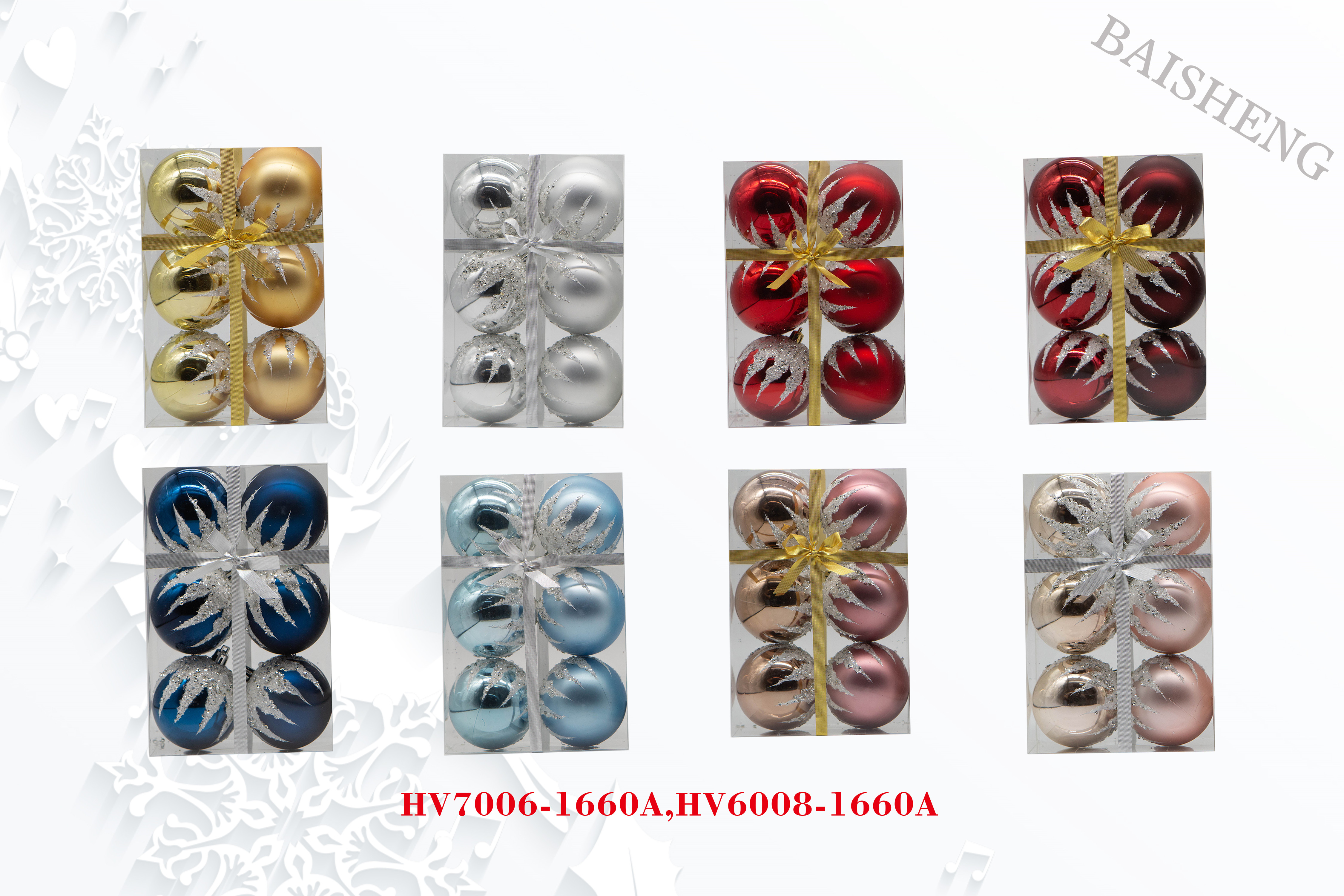 8cm Painted Christmas Balls, 6pcs In PVC Box With Ribbon