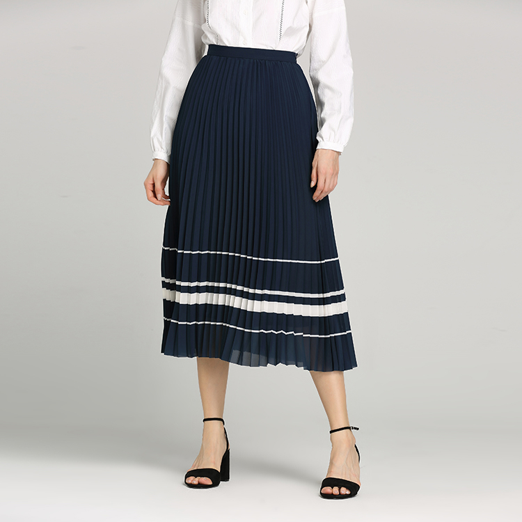 2020 Wholesale top fashion new navy white stripe printed pleated elegant women casual long skirt