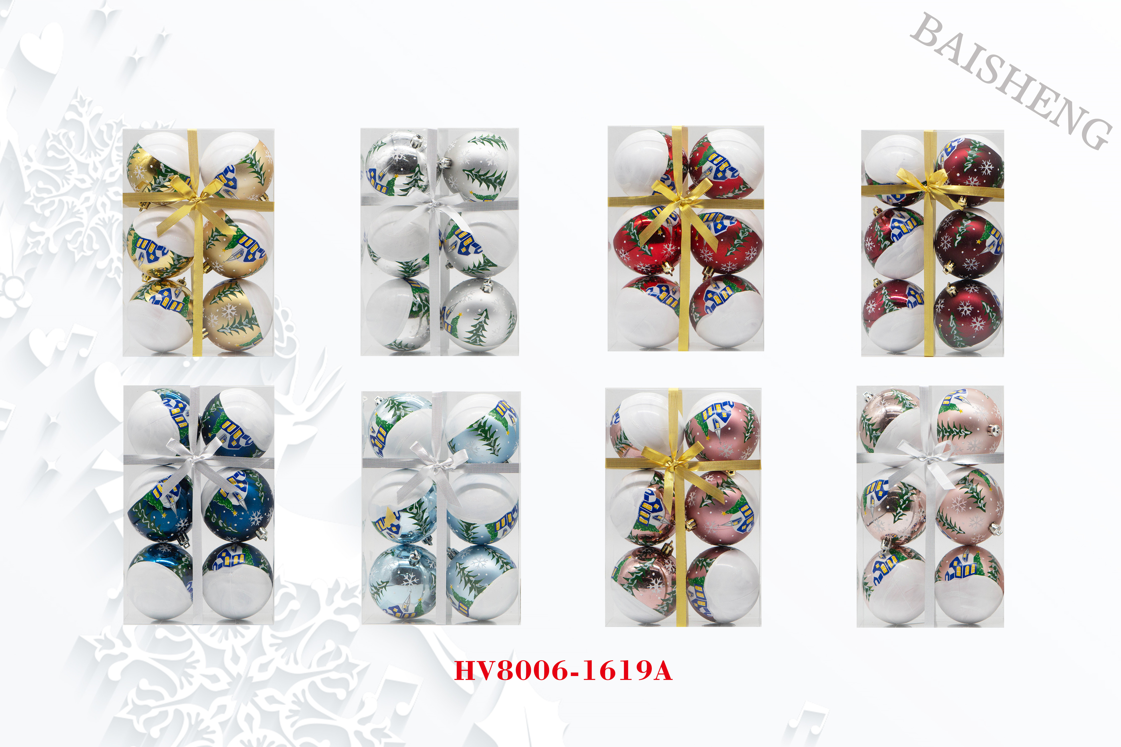 7cm Painted Christmas Balls, 6pcs In PVC Box With Ribbon