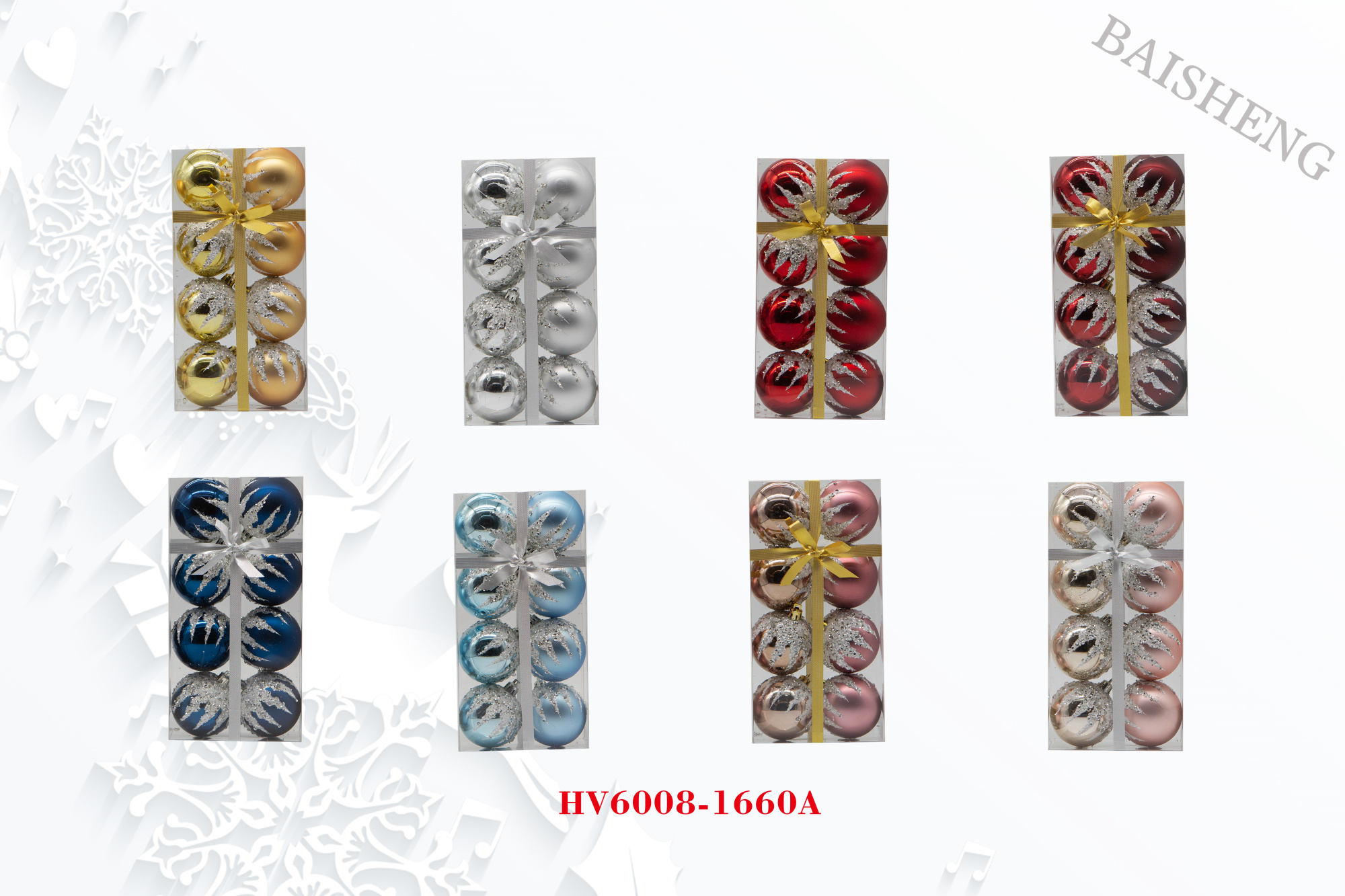 6cm Painted Christmas Balls, 8pcs In PVC Box With Ribbon