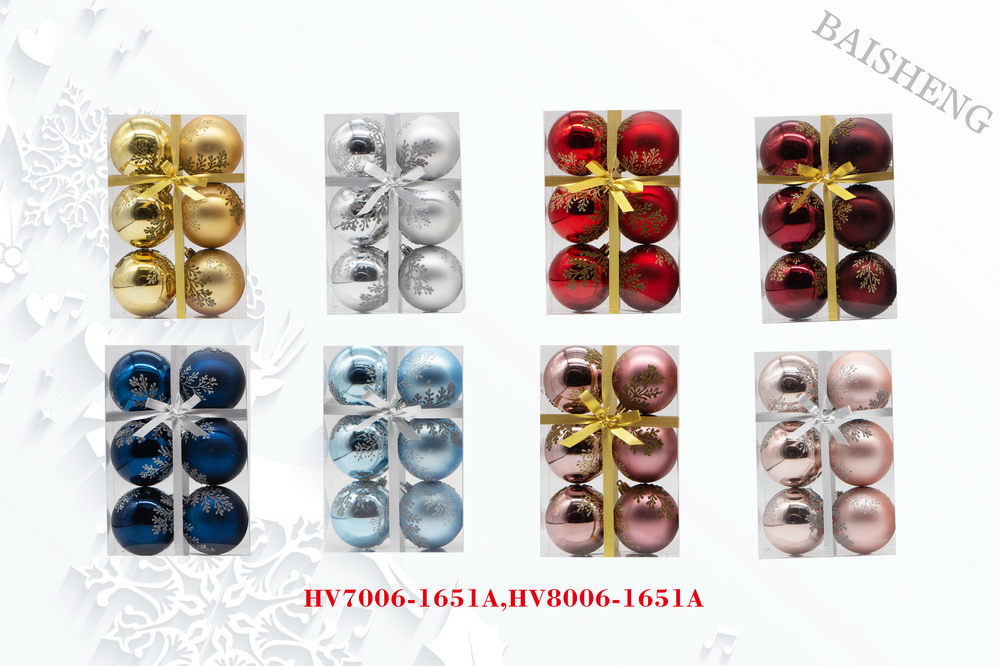 7cm Painted Christmas Balls, 6pcs In PVC Box With Ribbon