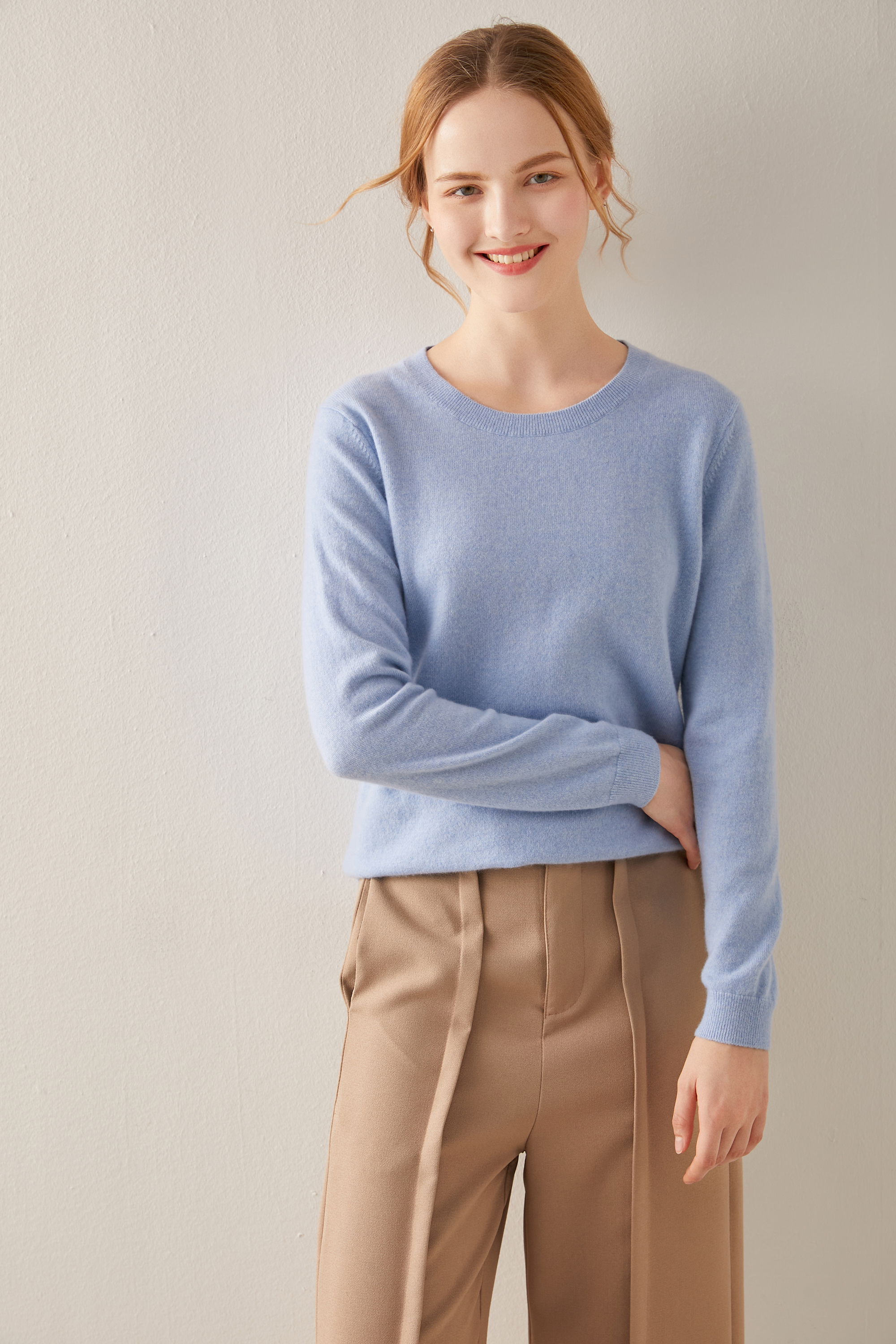 Crew neck solid color versatile soft pure cashmere Pullover