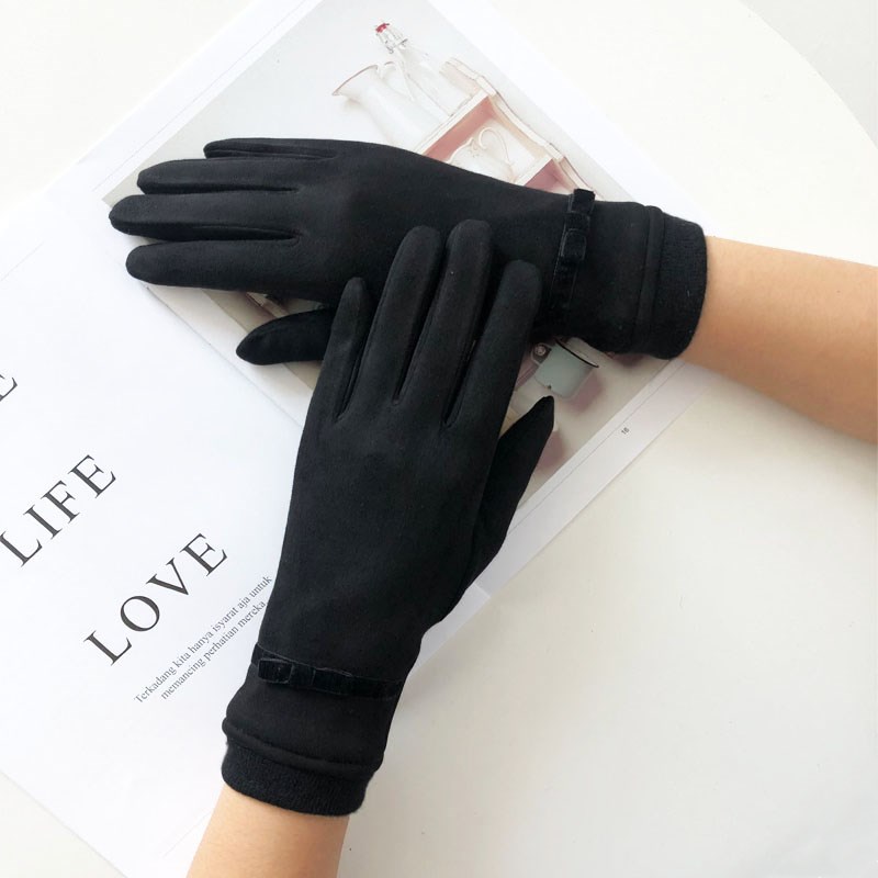 Artifical suede gloves with bow with knitted cuff for winter warm