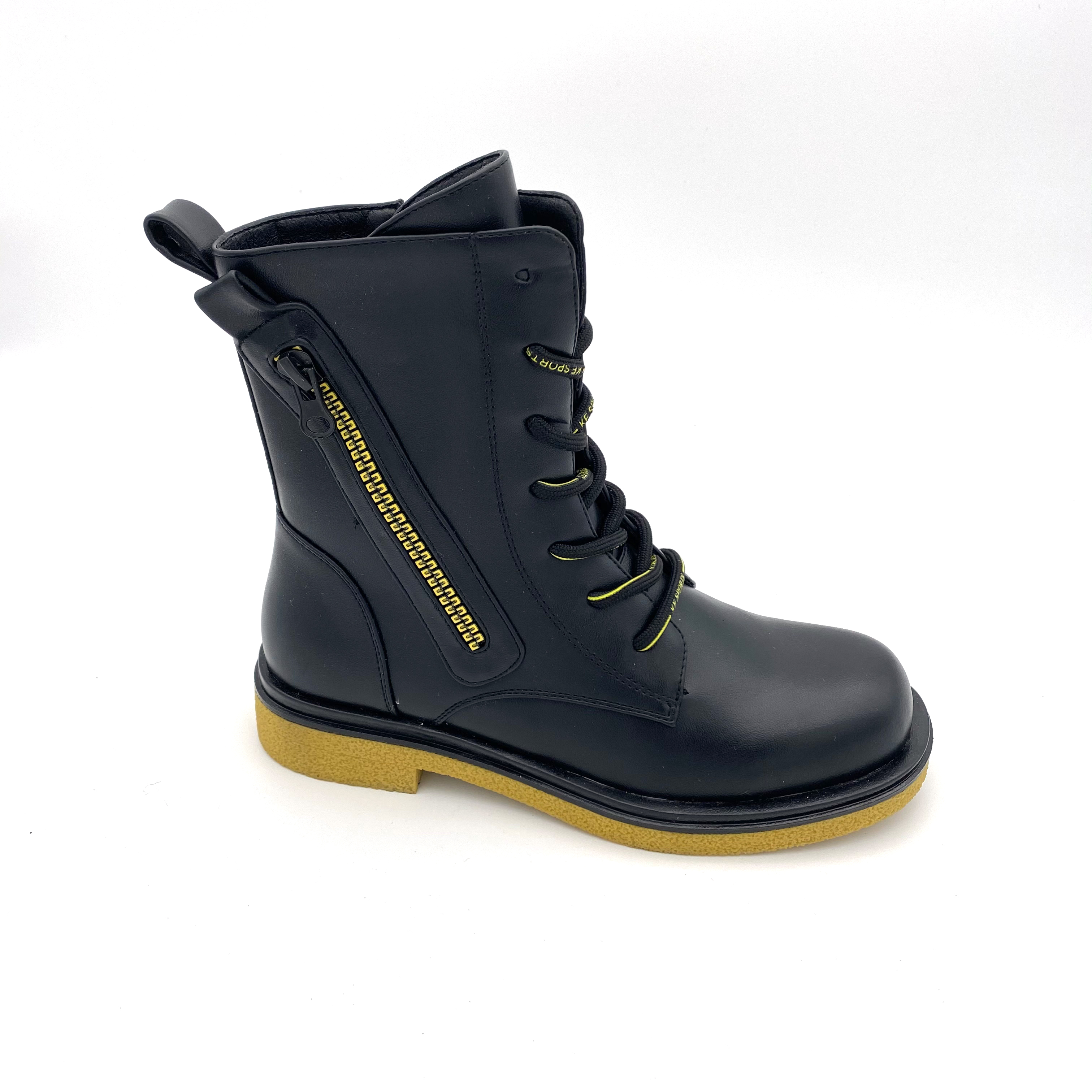 Boys Girls Leather Waterproof Outdoor Lace-Up Zipper Mid Calf Combat Boots