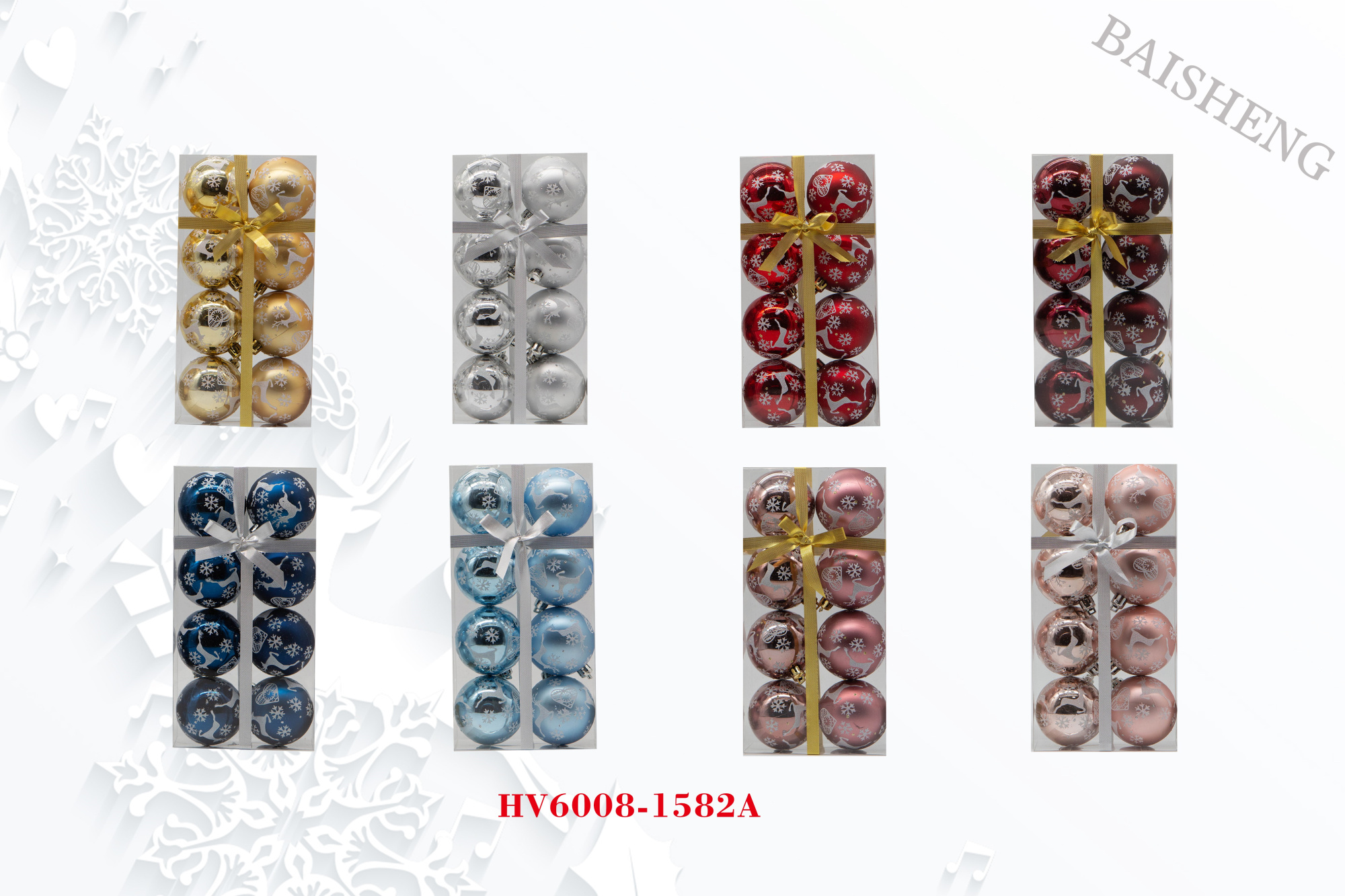 6cm Painted Christmas Balls, 8pcs In PVC Box With Ribbon