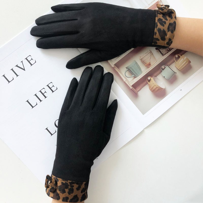 Artifical suede gloves with leopard print cuff for winter warm