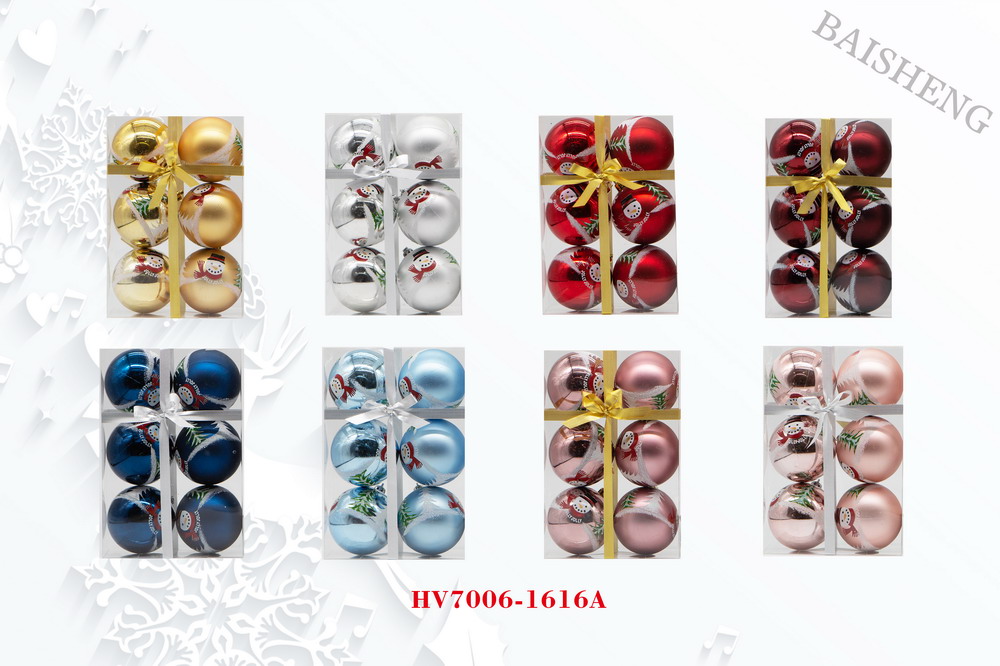 7cm Painted Christmas Balls, 6pcs In PVC Box With Ribbon